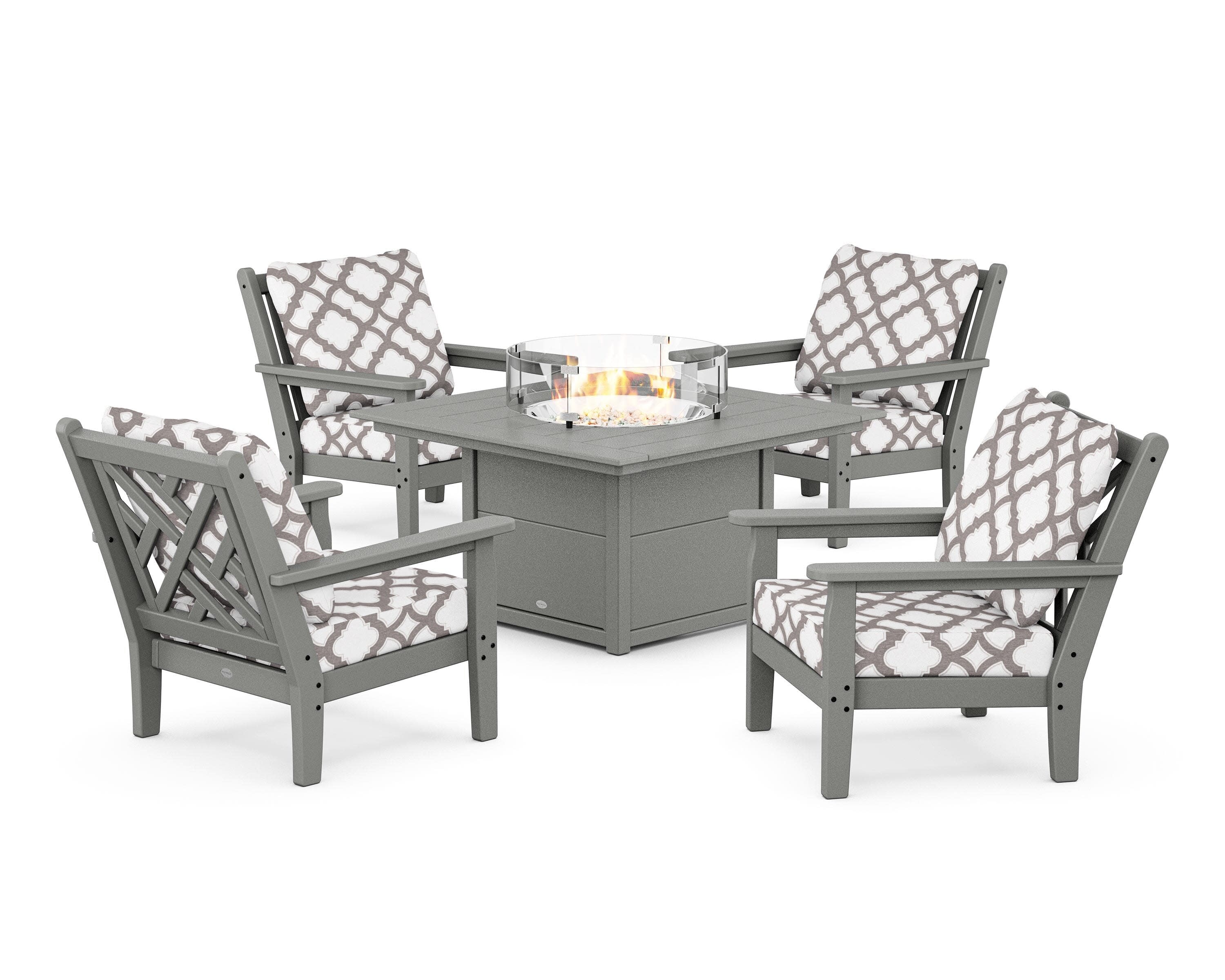 Chippendale 5-Piece Deep Seating Set with Fire Pit Table in Slate Grey / Trellis Grey Mist