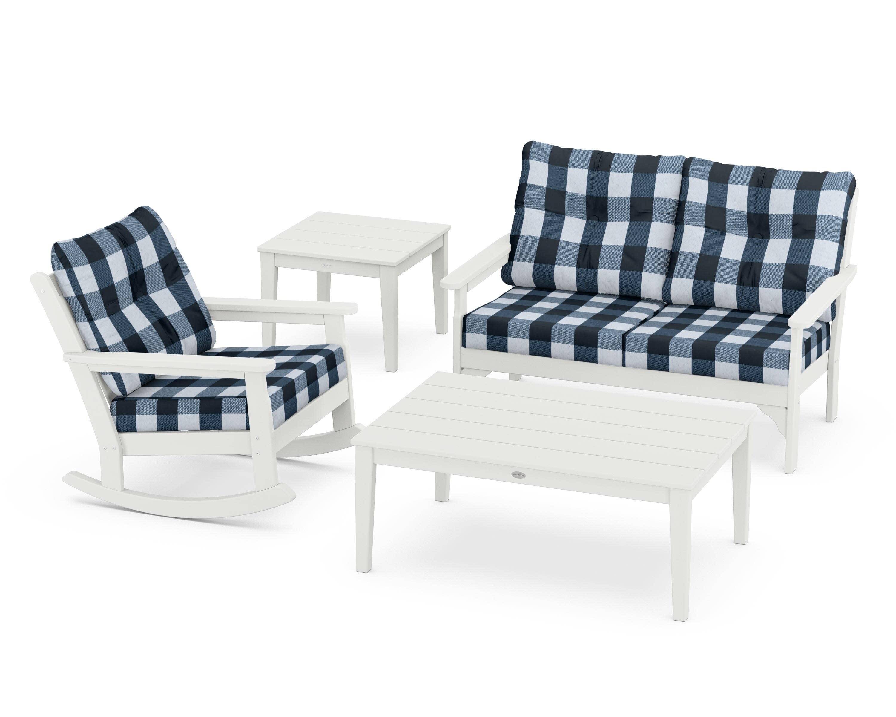 Vineyard 4-Piece Deep Seating Rocker Set in Vintage White / Buffalo Plaid Marine Indigo