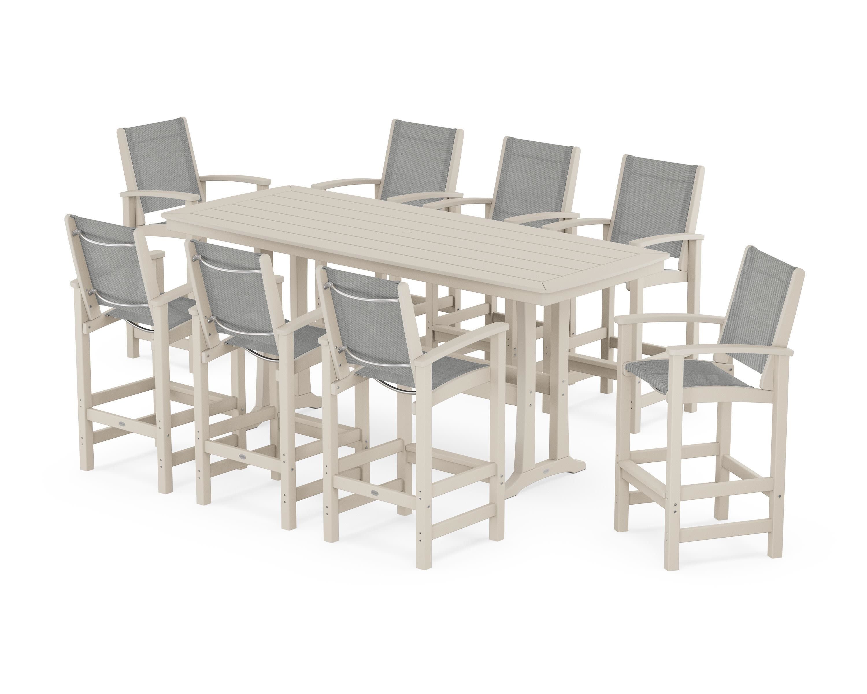Coastal 9-Piece Bar Set with Trestle Legs in Sand / Metallic Sling