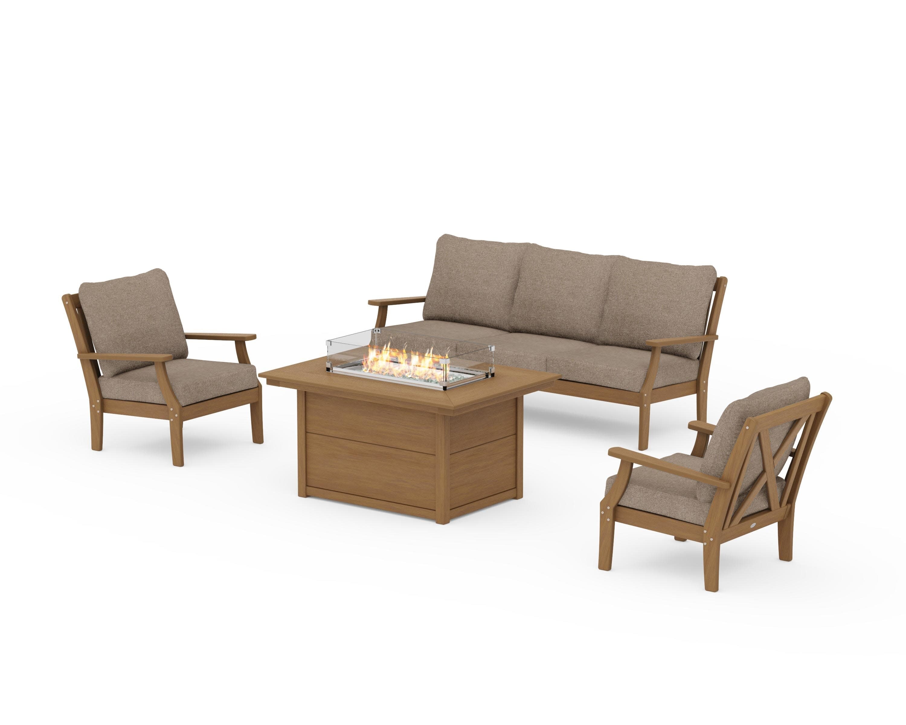 Braxton Deep Seating Fire Pit Table Set in Natural / Spiced Burlap