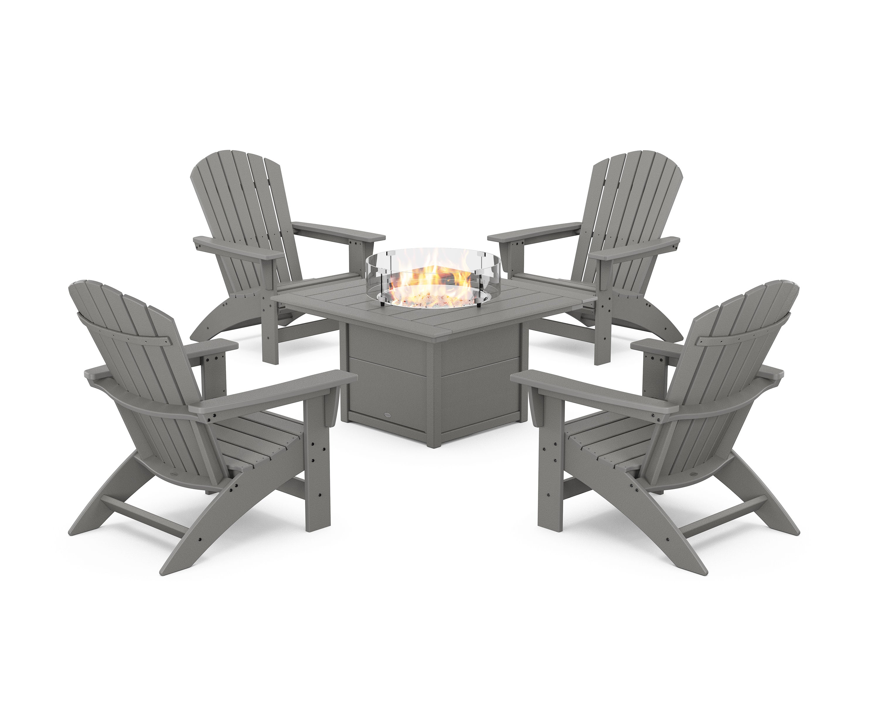 5-Piece Nautical Grand Adirondack Conversation Set with Fire Pit Table in Slate Grey