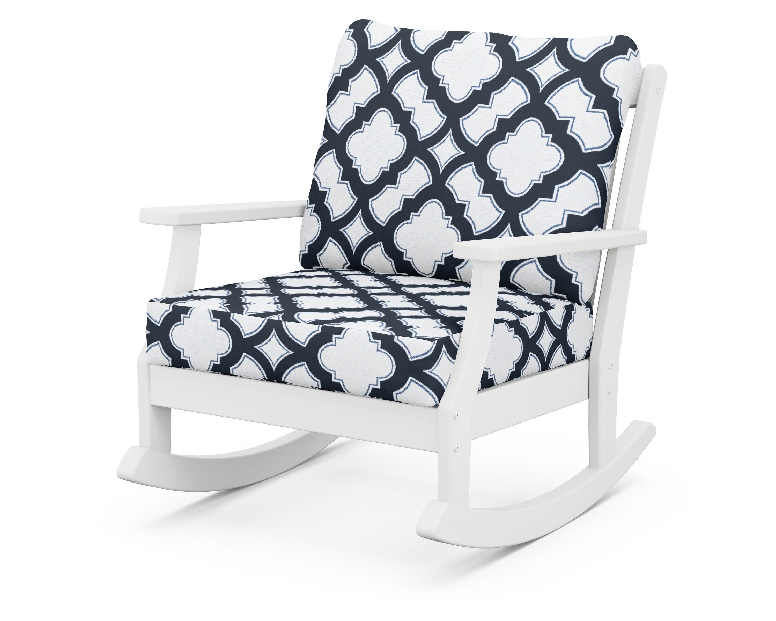 Braxton Deep Seating Rocking Chair in White / Trellis Marine Indigo