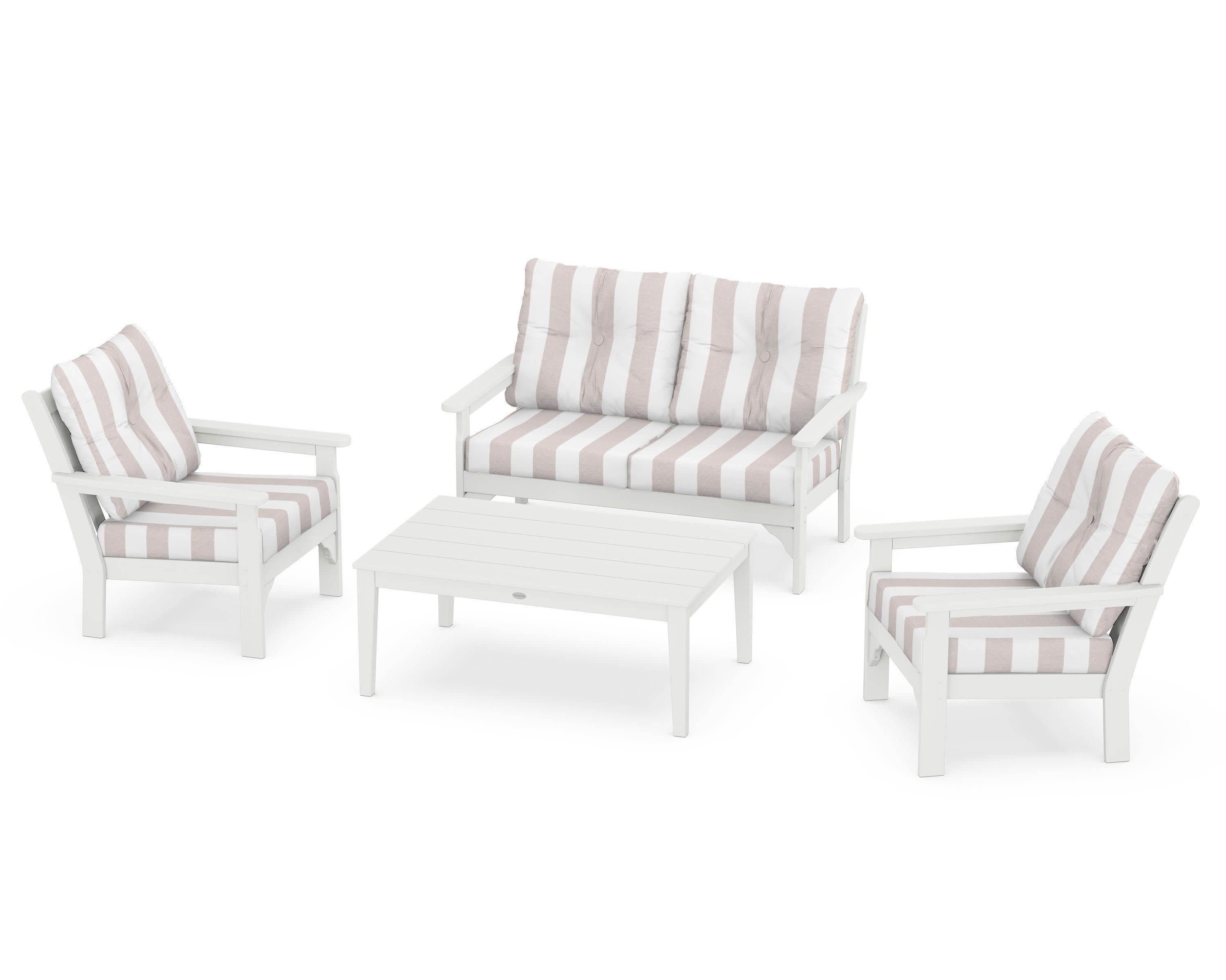 Vineyard 4-Piece Deep Seating Set in Vintage White / Cabana Stripe Dune Burlap
