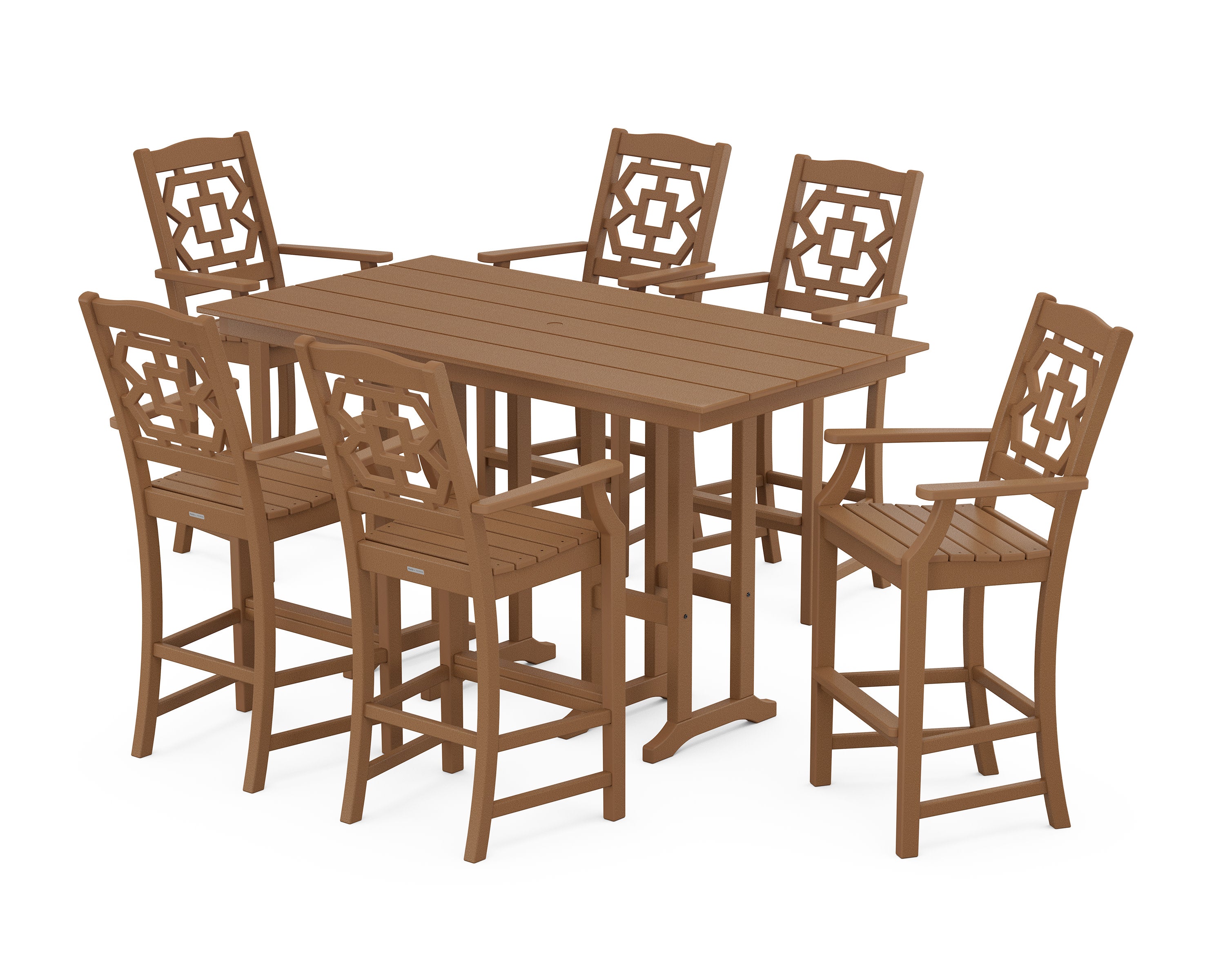Chinoiserie Arm Chair 7-Piece Farmhouse Bar Set in Teak