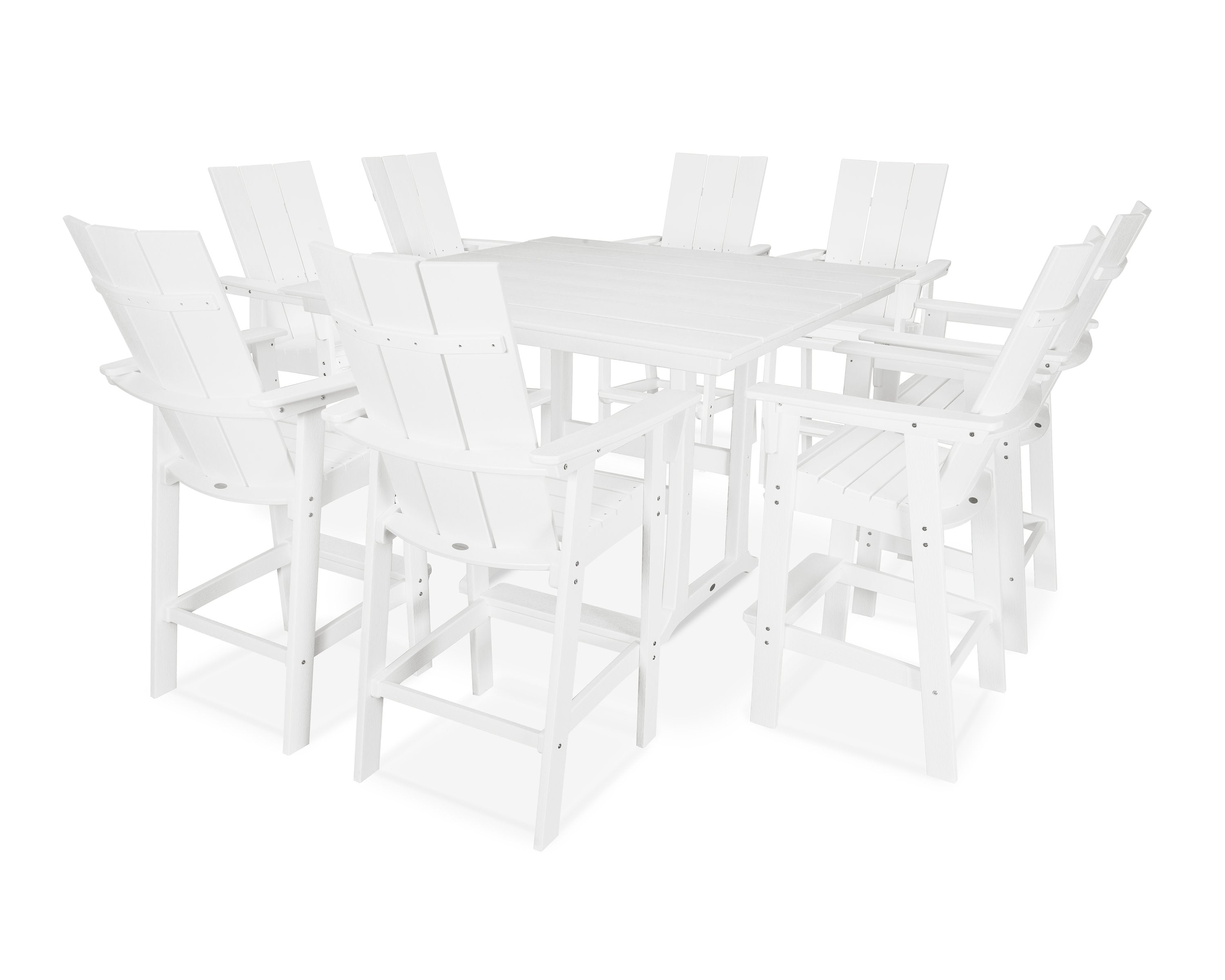 Modern Curveback Adirondack 9-Piece Farmhouse Trestle Bar Set in Vintage White