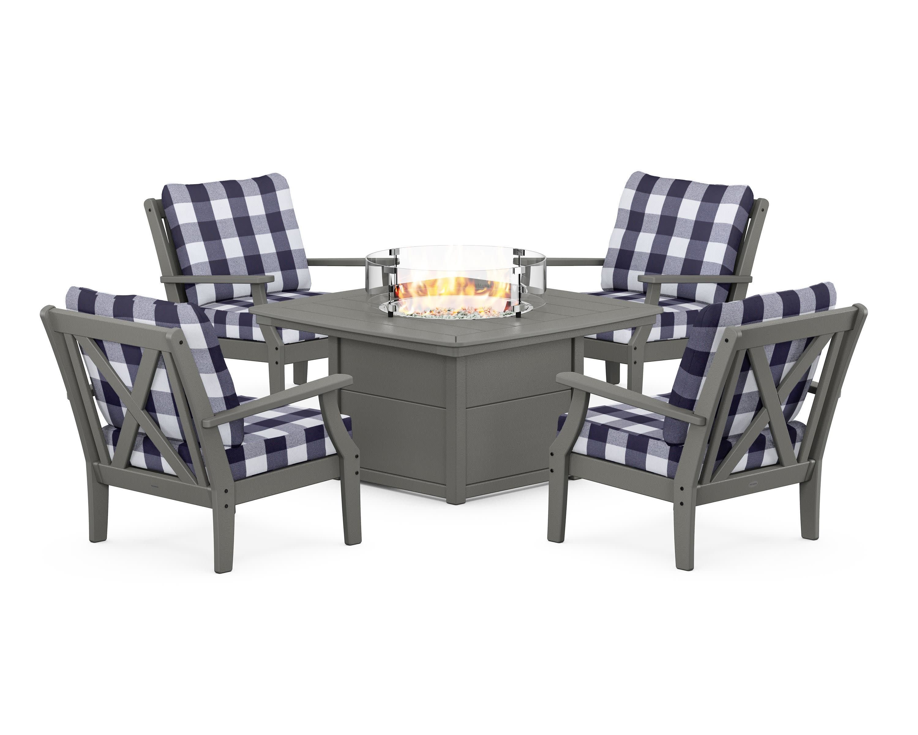 Braxton 5-Piece Deep Seating Conversation Set with Fire Pit Table in Slate Grey / Buffalo Plaid Navy