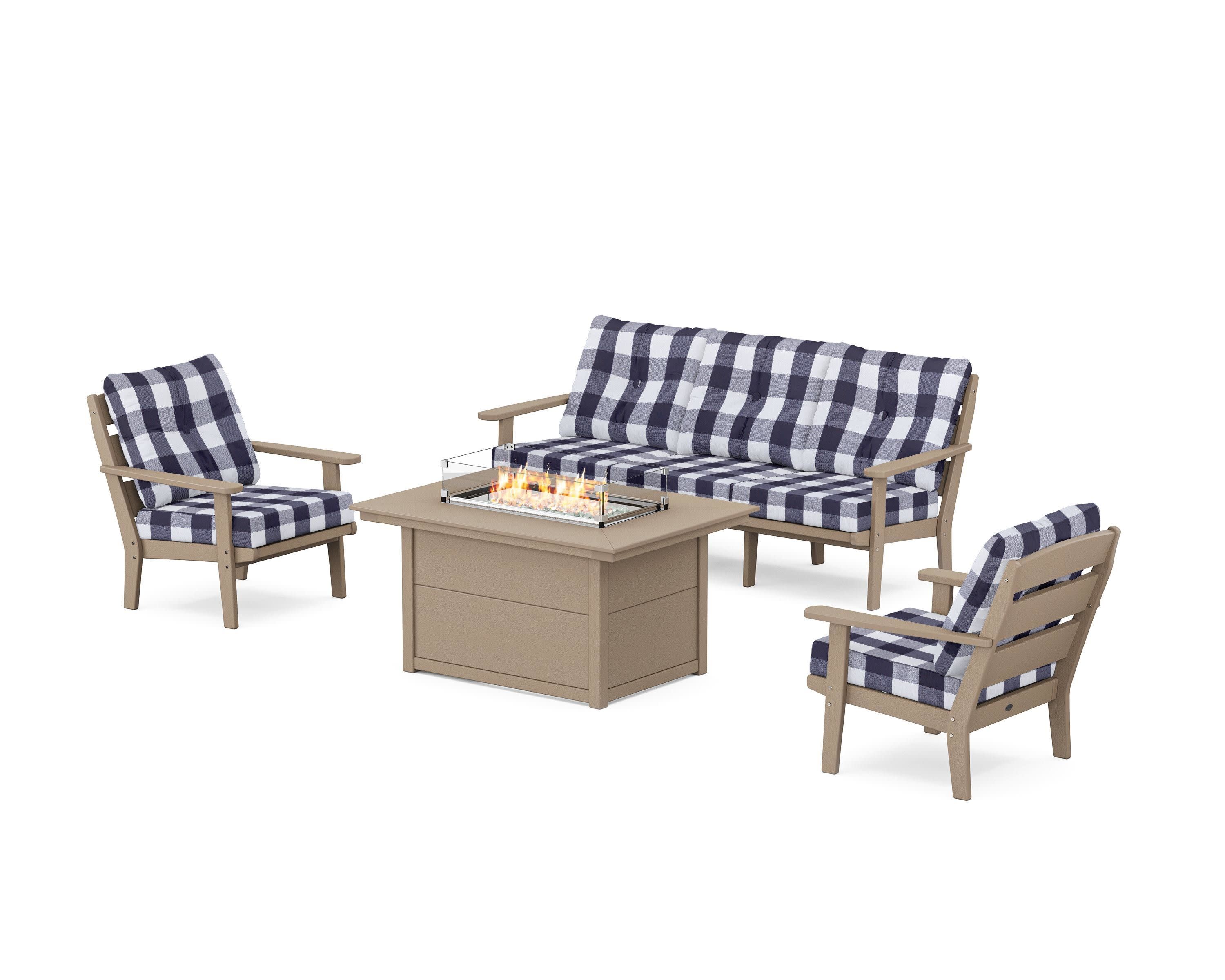 Lakeside Deep Seating Fire Pit Table Set in Vintage Sahara / Buffalo Plaid Navy