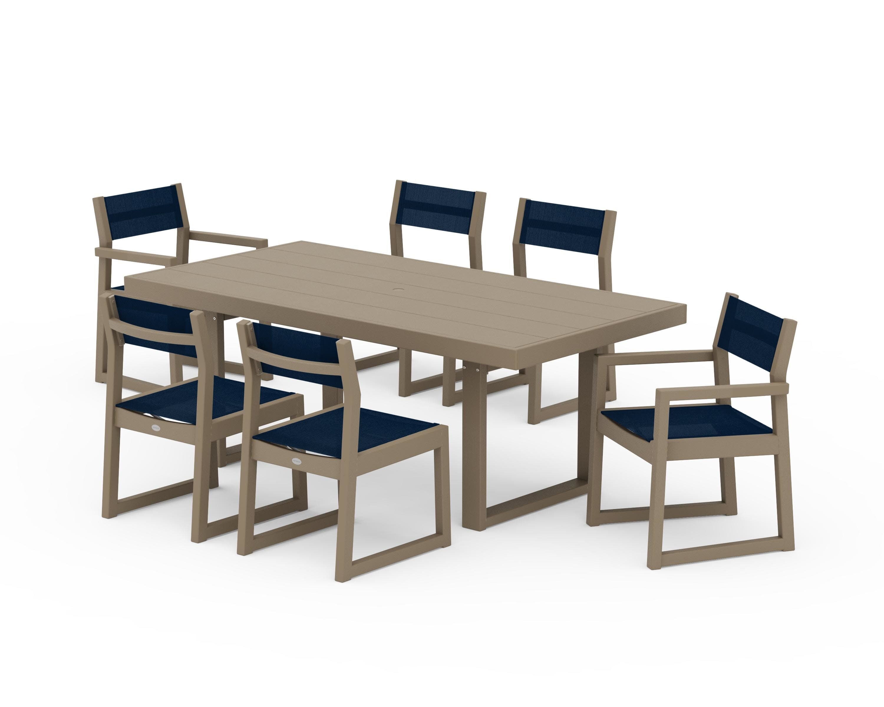 EDGE Sling 7-Piece Dining Set in Vintage Sahara / Navy Blue Sling