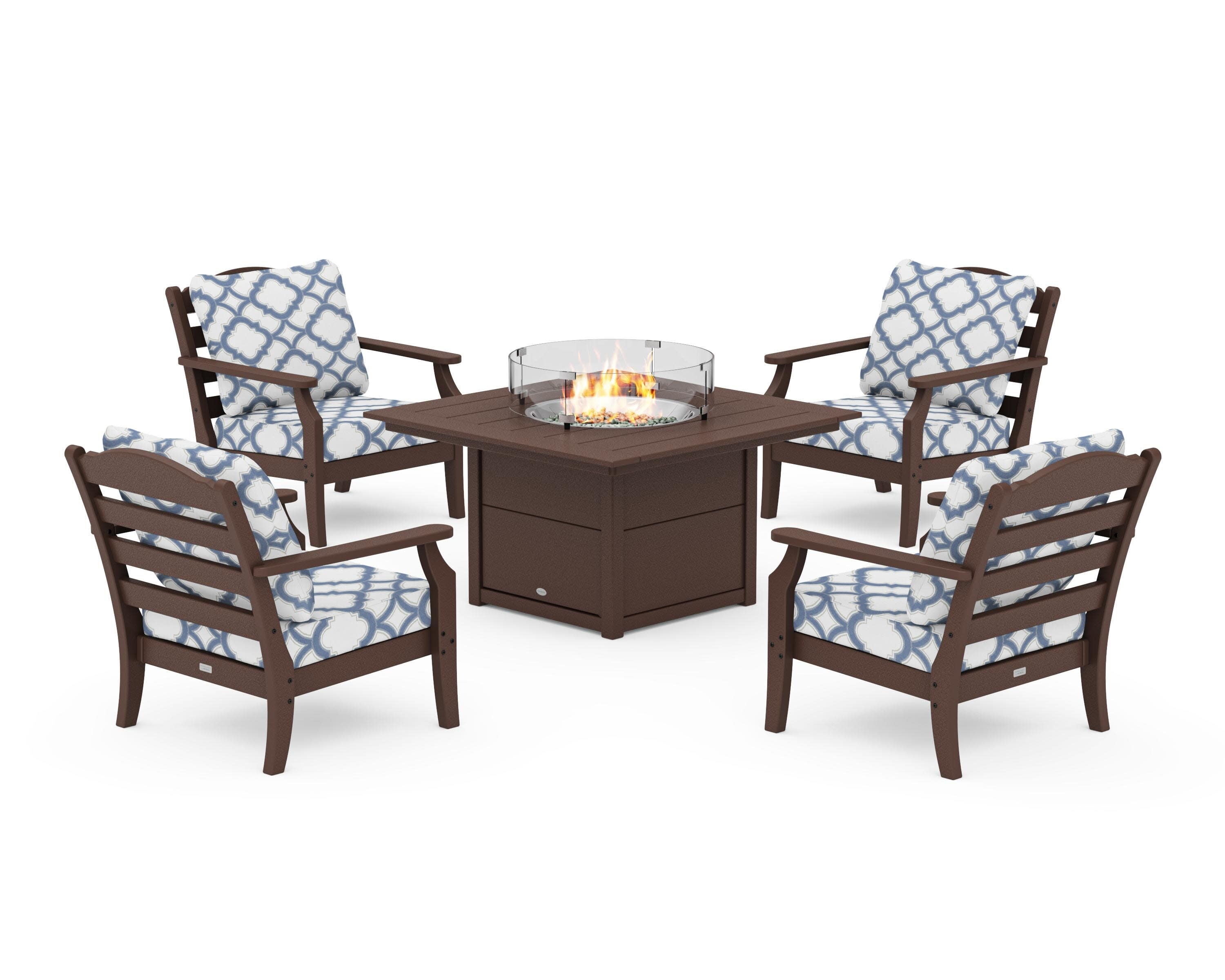 Savannah 5-Piece Deep Seating Set with Fire Pit Table in Mahogany / Trellis Sky Blue