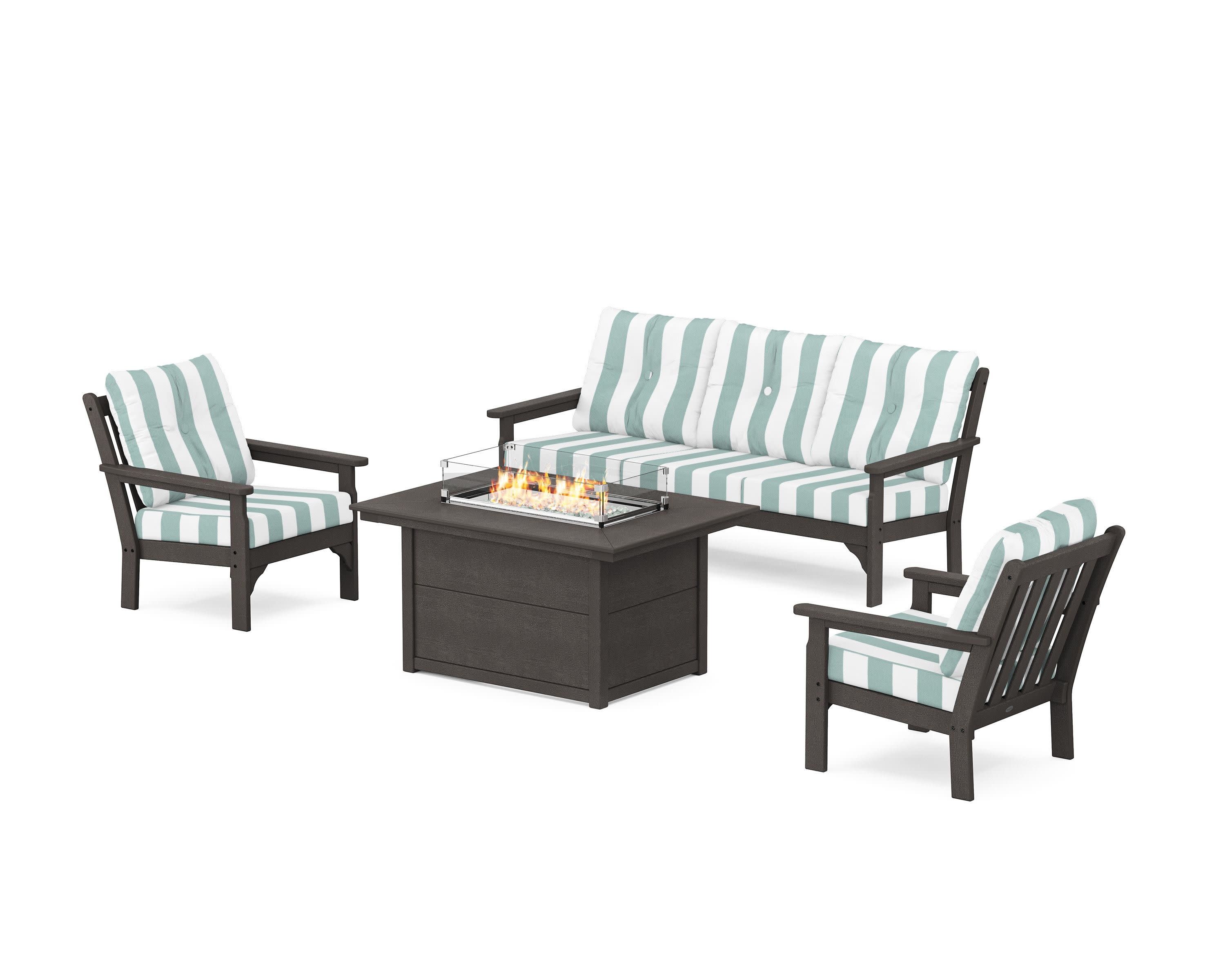 Vineyard Deep Seating Fire Pit Table Set in Vintage Coffee / Cabana Stripe Glacier Spa