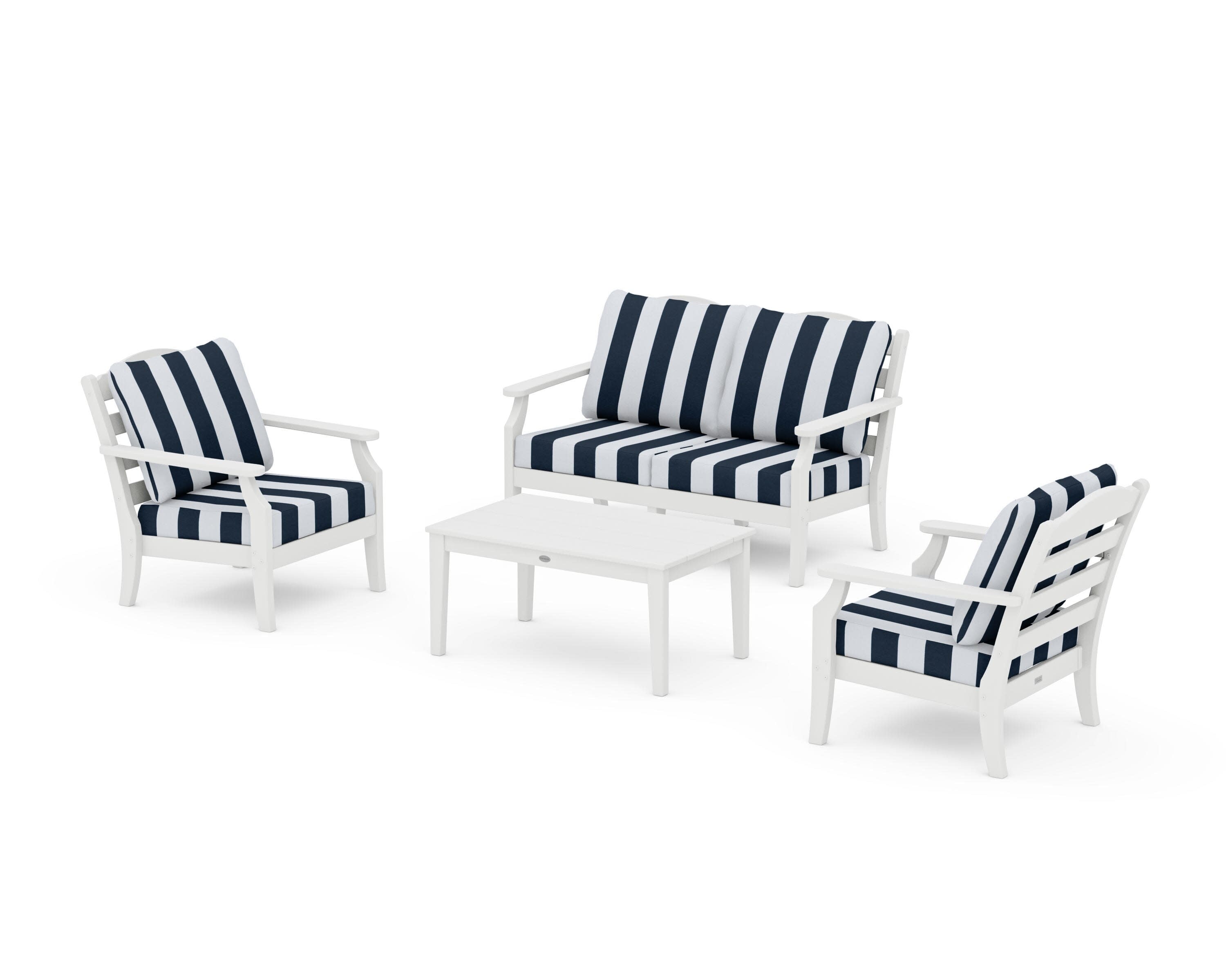 Savannah 4-Piece Deep Seating Set with Loveseat in White / Cabana Stripe Marine Indigo