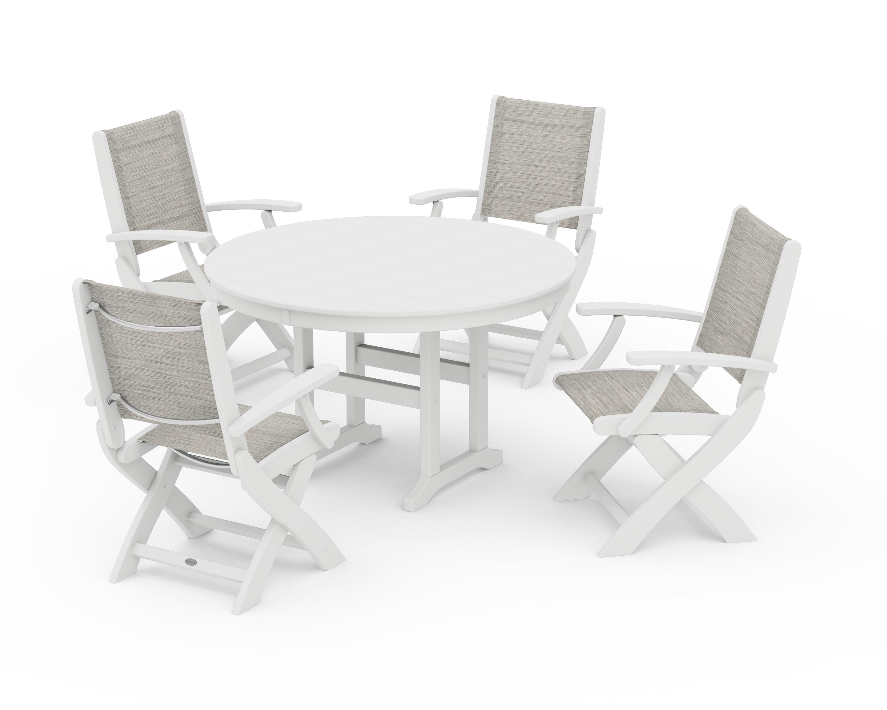 Coastal Folding Chair 5-Piece Round Dining Set in White / Birch Sling