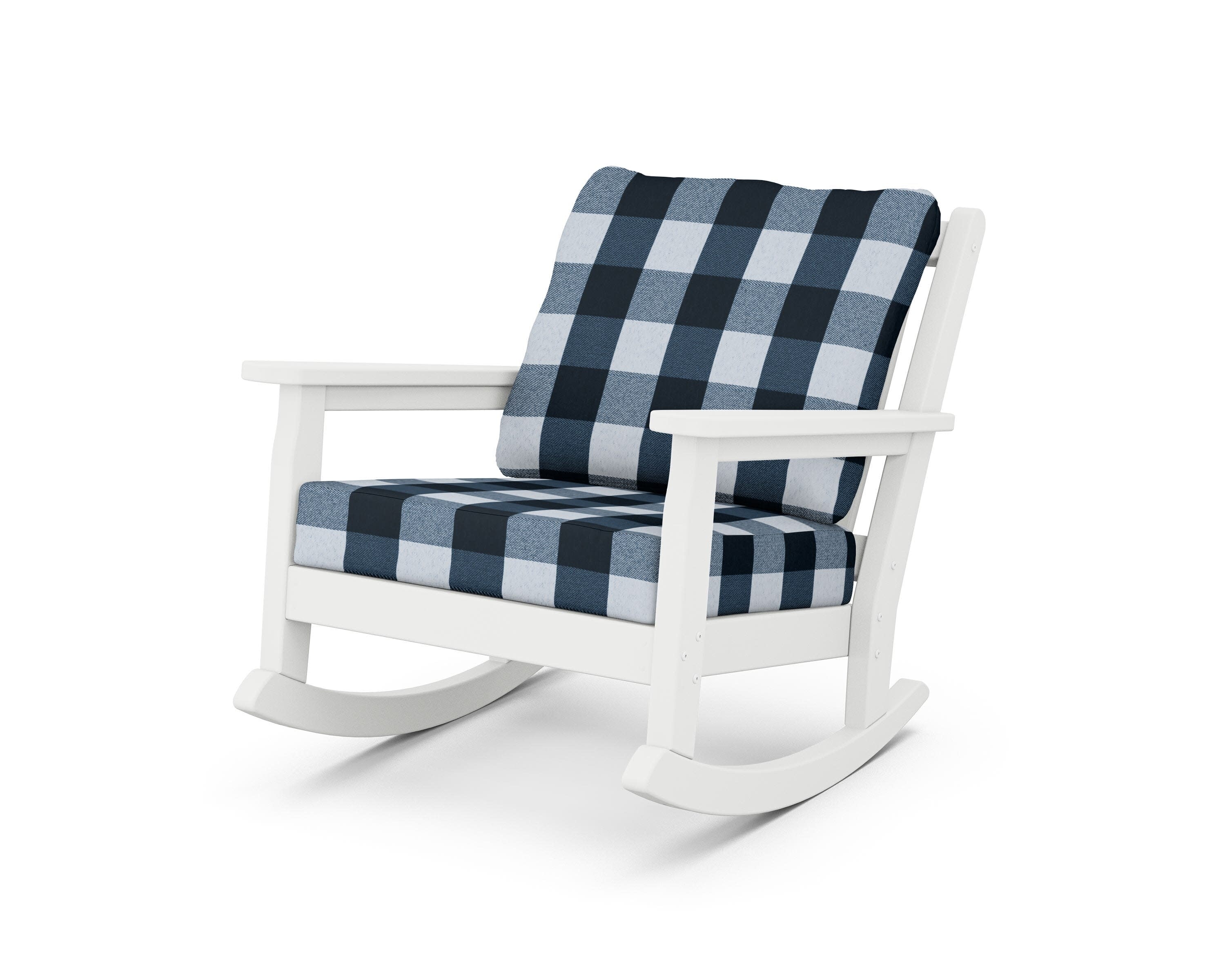 Chippendale Deep Seating Rocking Chair in White / Buffalo Plaid Marine Indigo