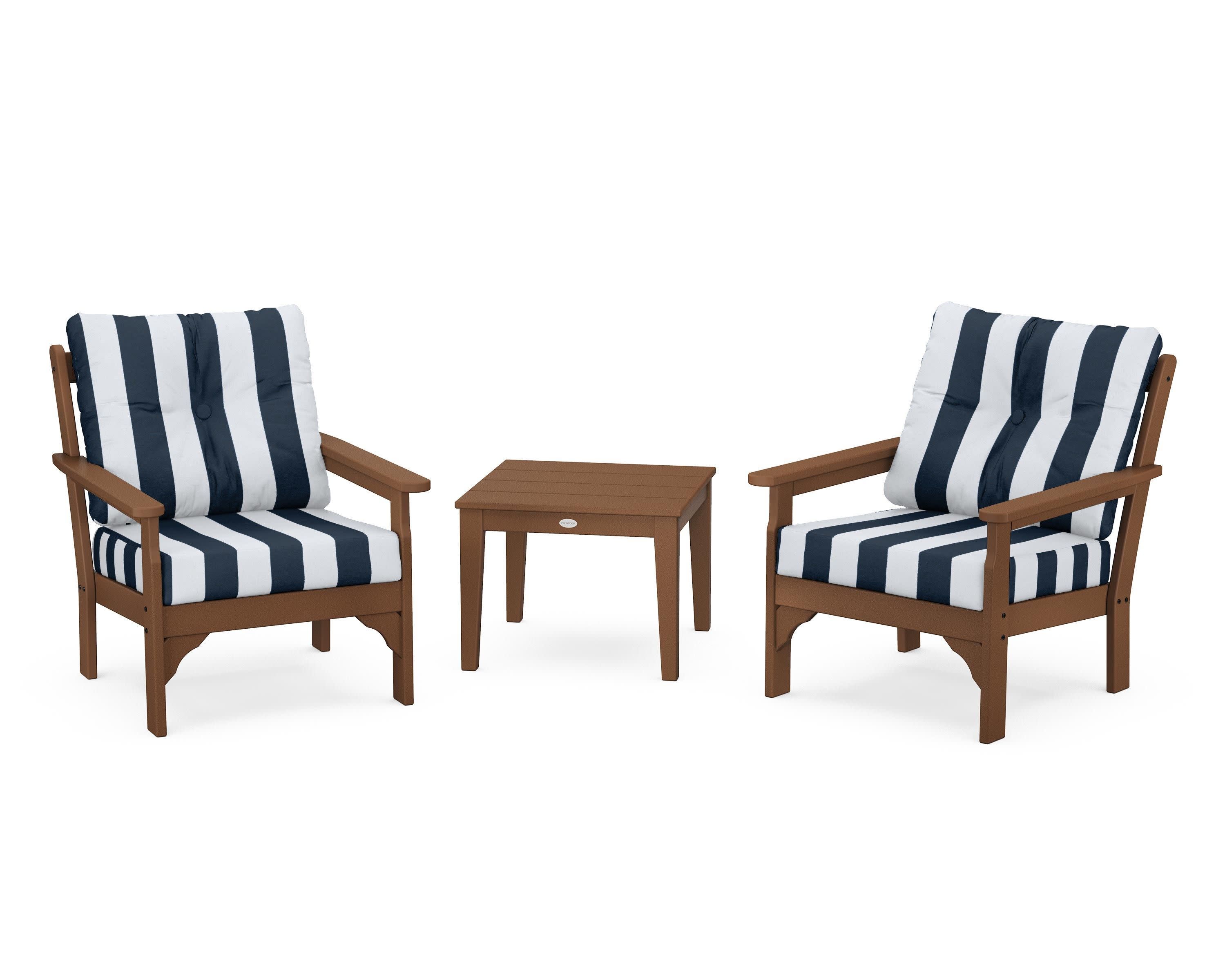 Vineyard 3-Piece Deep Seating Set in Teak / Cabana Stripe Marine Indigo