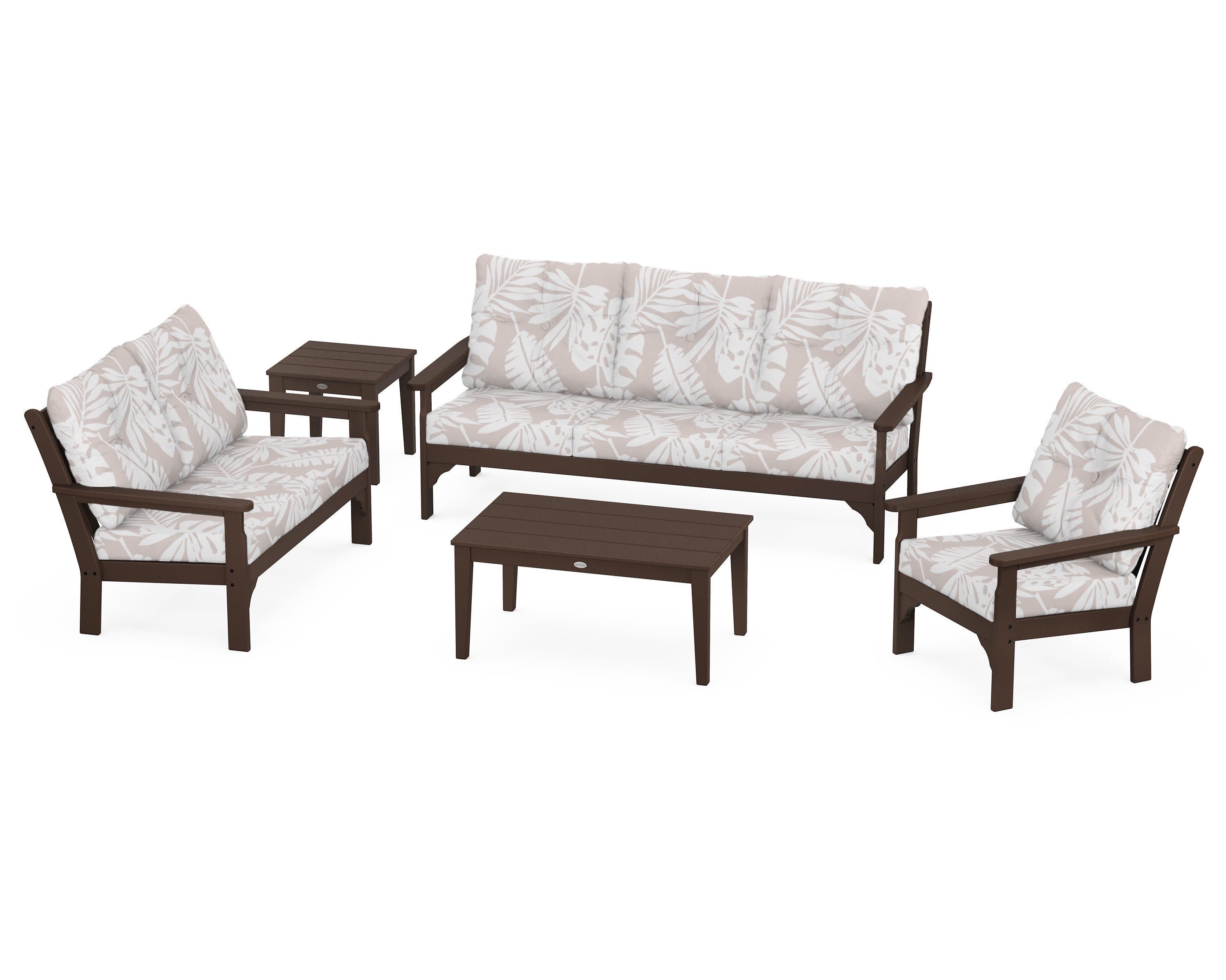 Vineyard 5 Piece Deep Seating Set in Mahogany / Leaf Dune Burlap