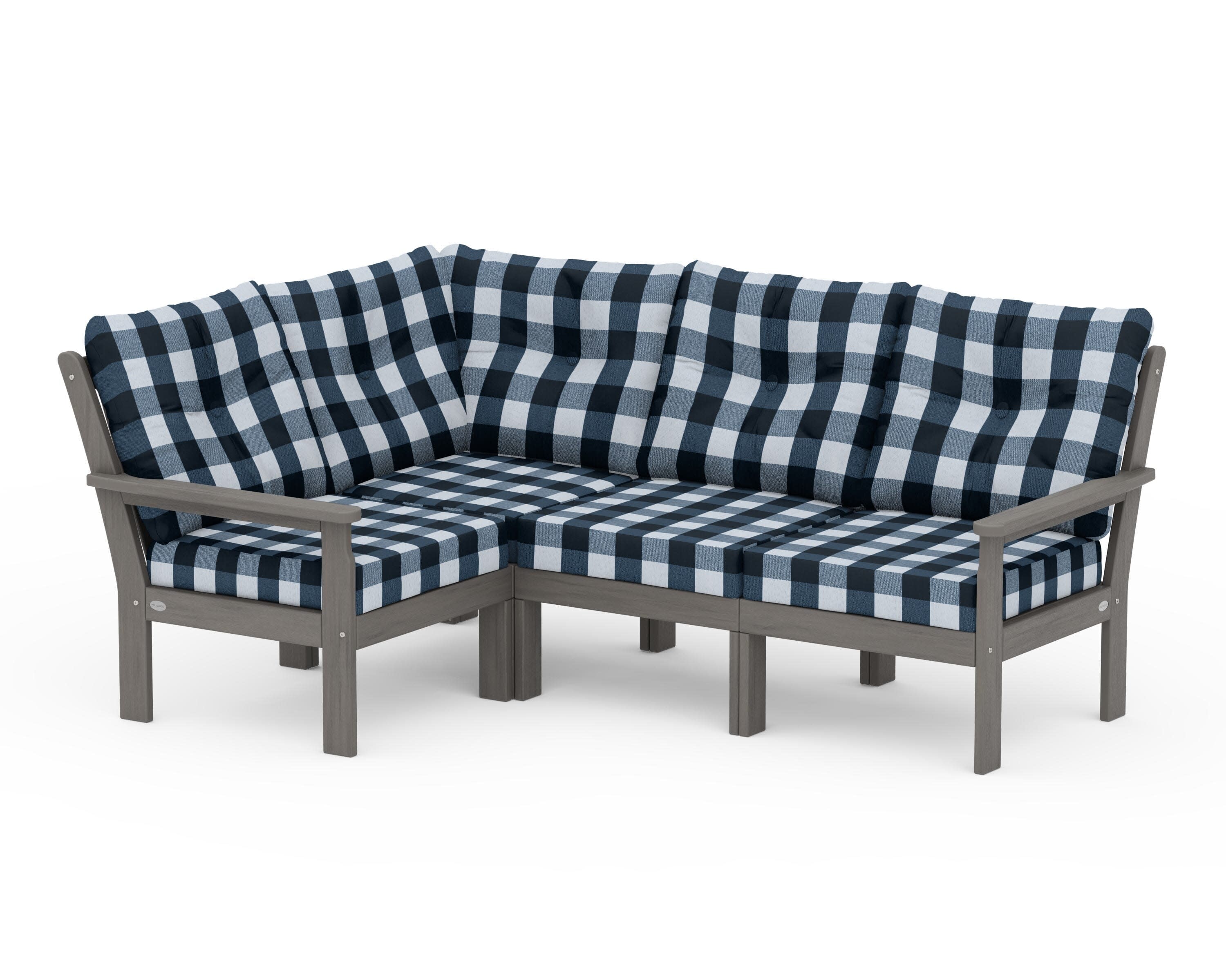 Vineyard 4-Piece Sectional in Driftwood / Buffalo Plaid Marine Indigo