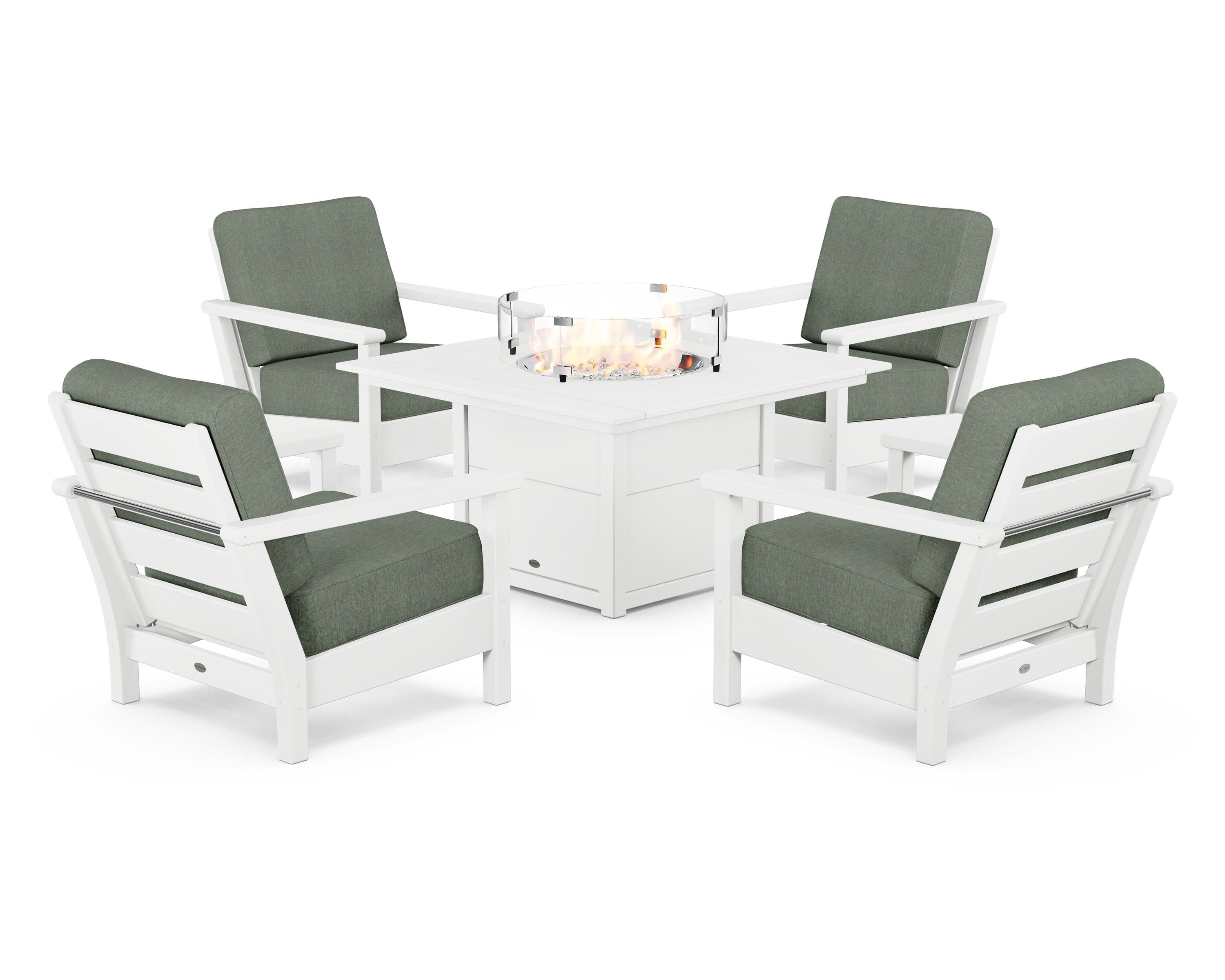 Harbour 5-Piece Conversation Set with Fire Pit Table in White / Cast Sage