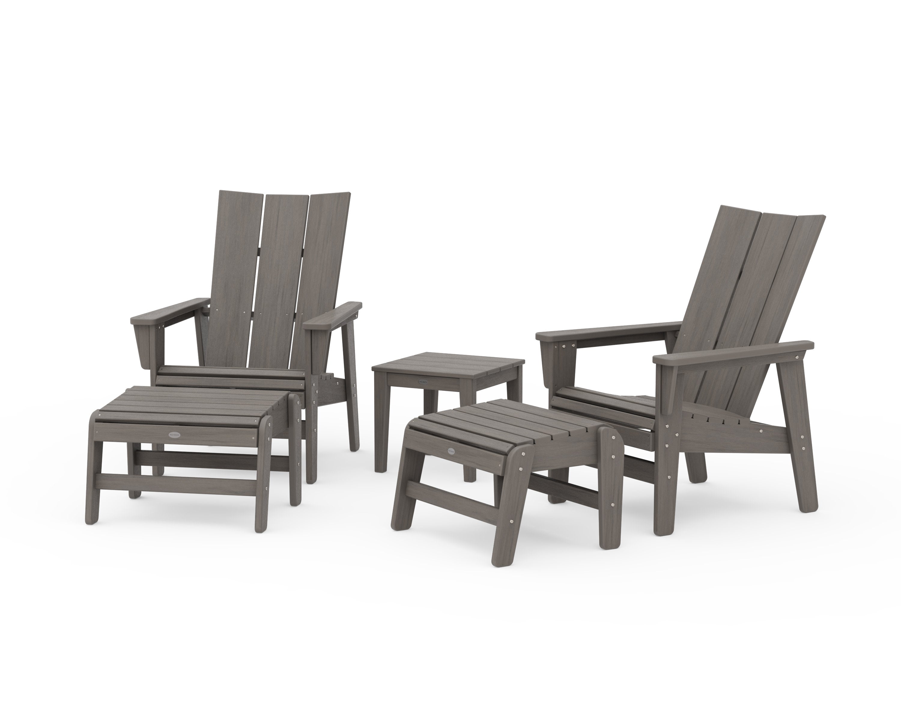 5-Piece Modern Grand Upright Adirondack Set with Ottomans and Side Table in Driftwood