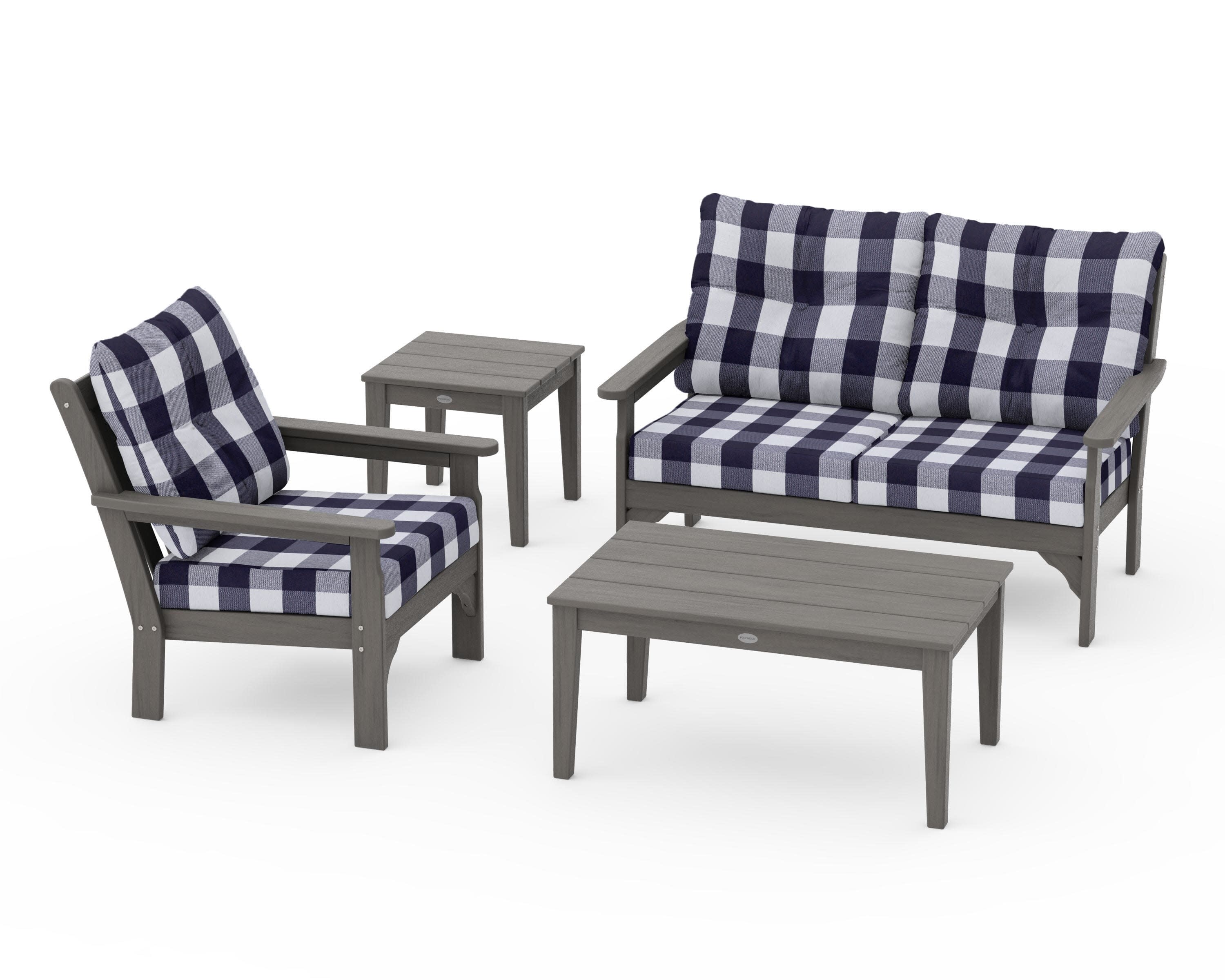 Vineyard 4-Piece Deep Seating Set in Driftwood / Buffalo Plaid Navy