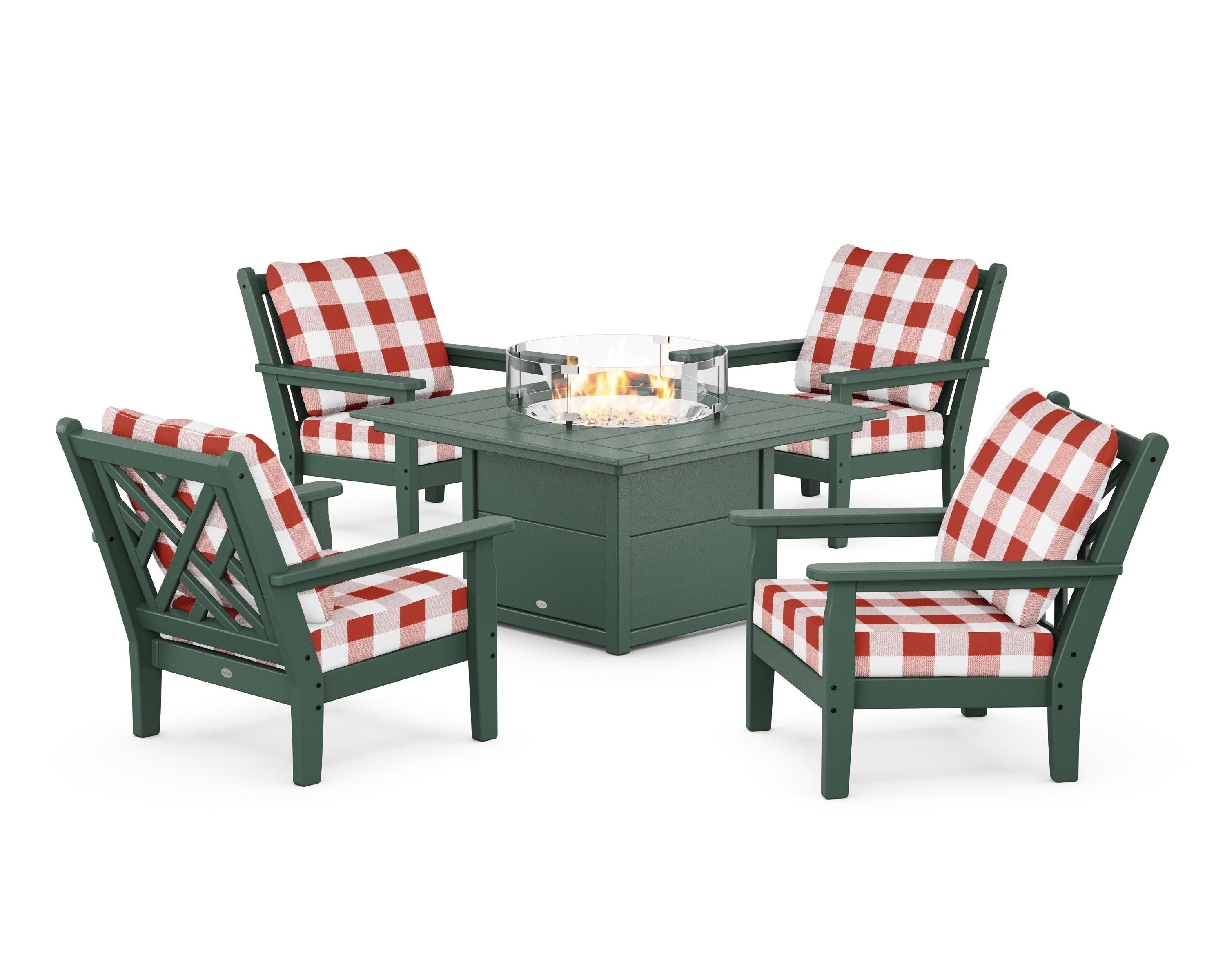 Chippendale 5-Piece Deep Seating Set with Fire Pit Table in Green / Buffalo Plaid Crimson