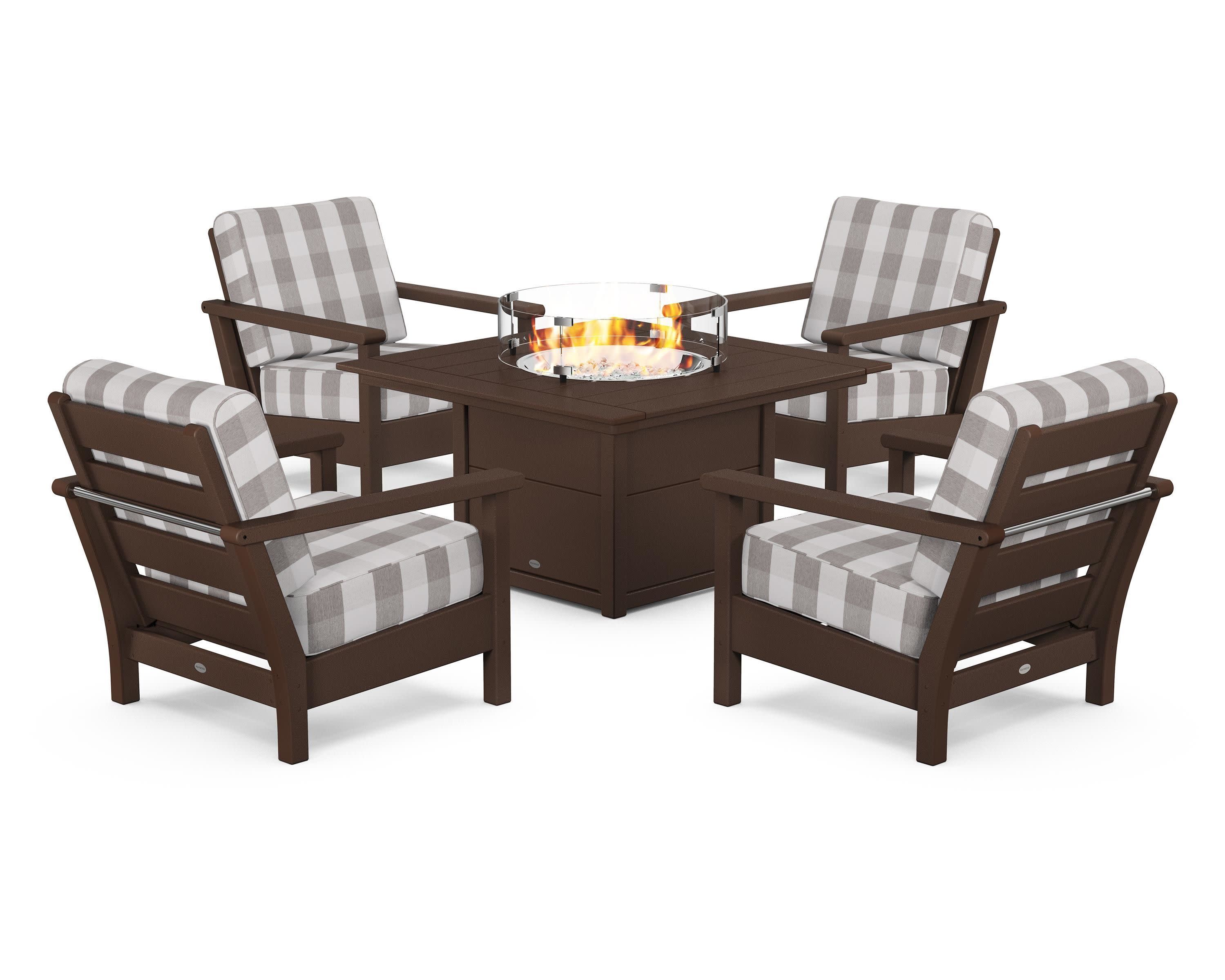 Harbour 5-Piece Conversation Set with Fire Pit Table in Mahogany / Buffalo Plaid Grey Mist