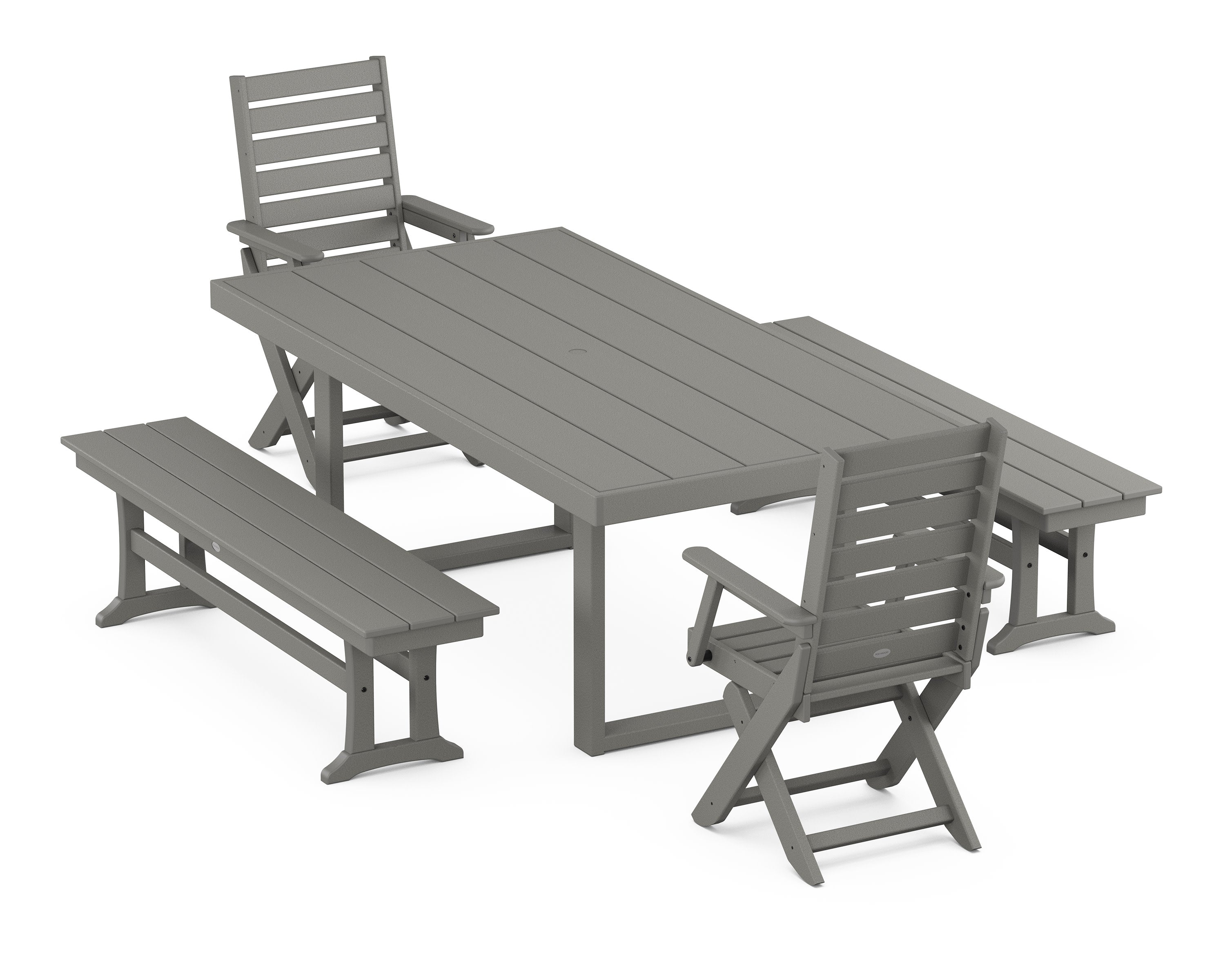 Captain Folding Chair 5-Piece Dining Set with Benches in Slate Grey