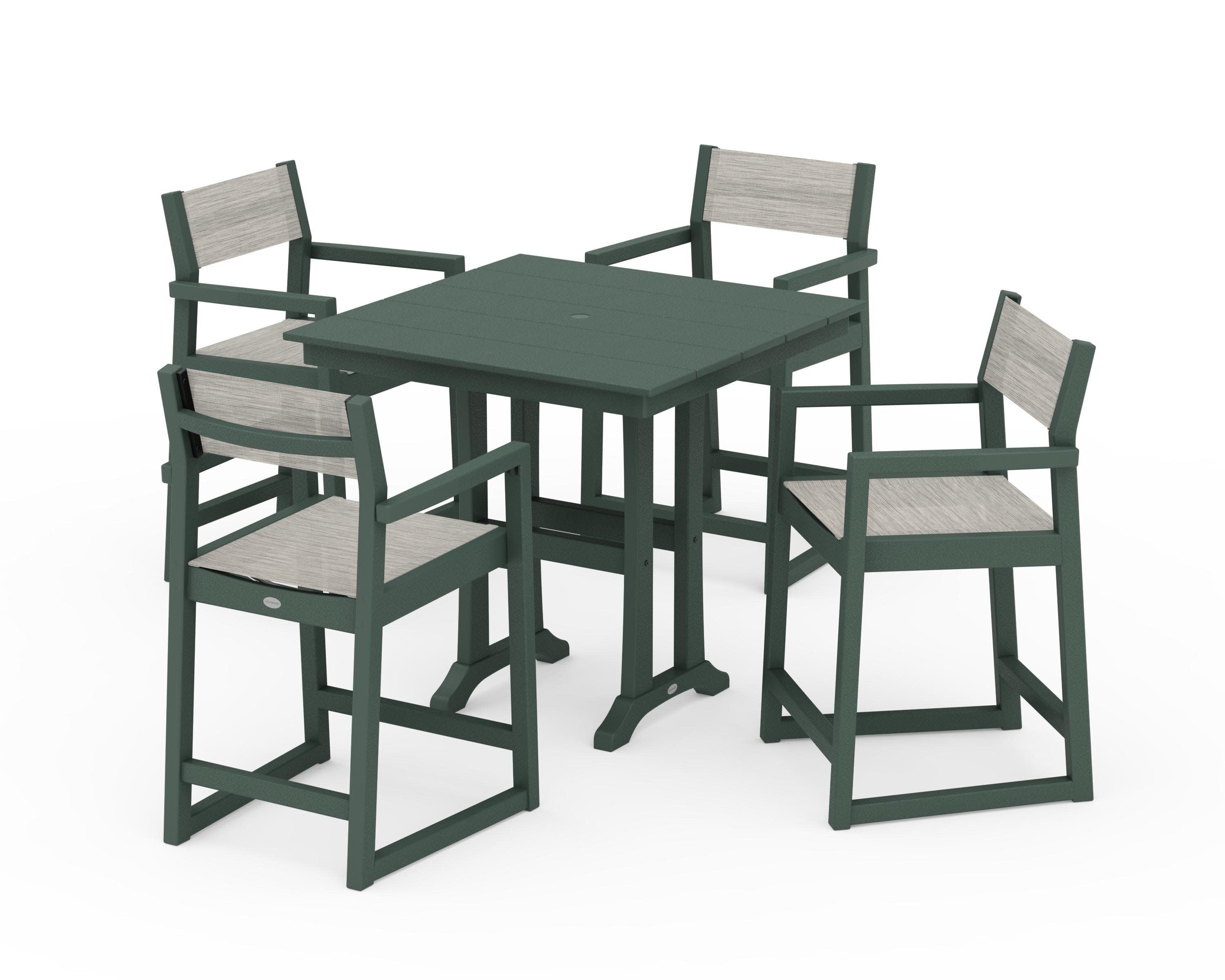 EDGE Sling Arm Chair 5-Piece Farmhouse Counter Set with Trestle Legs in Green / Birch Sling