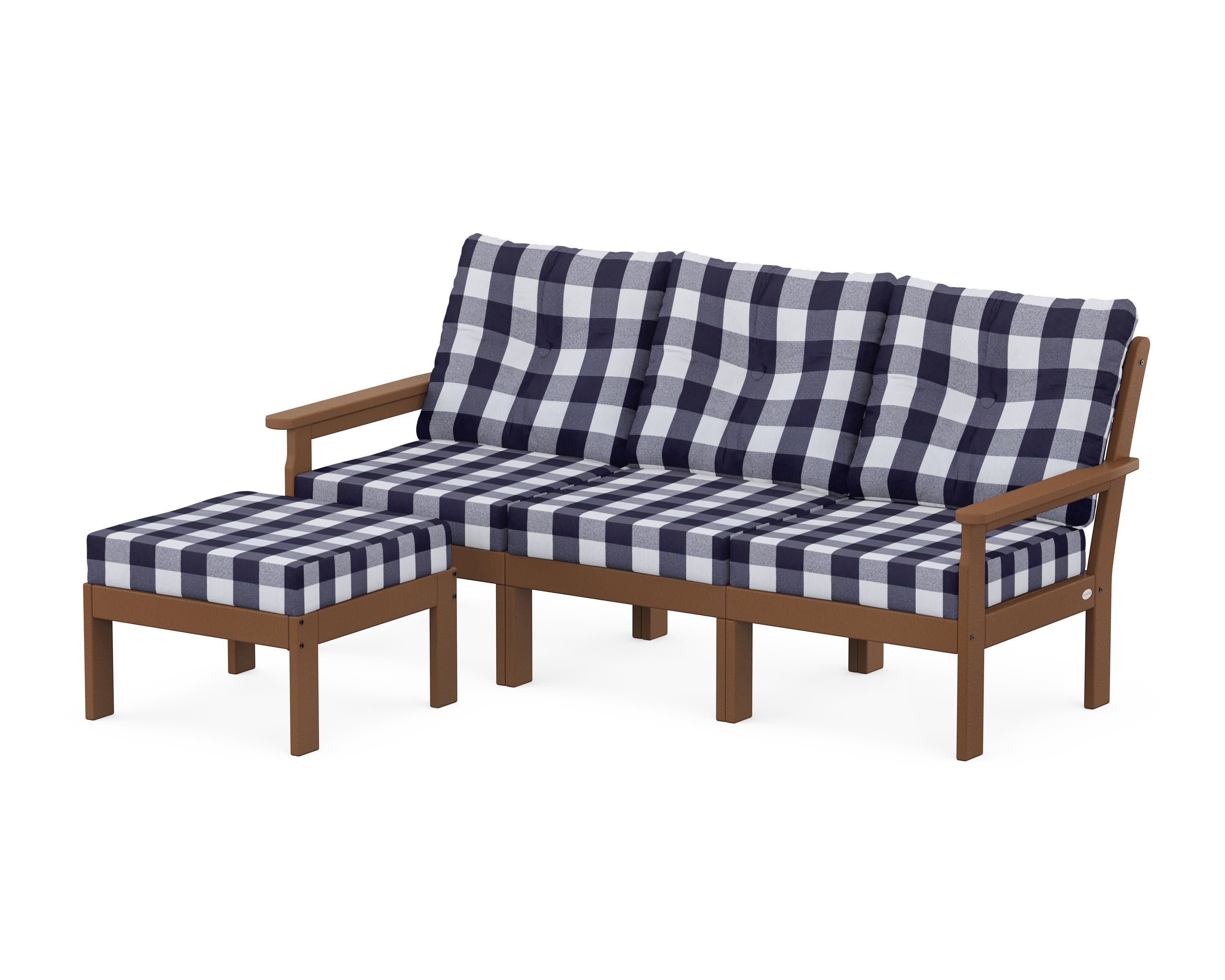 Vineyard 4-Piece Sectional with Ottoman in Teak / Buffalo Plaid Navy