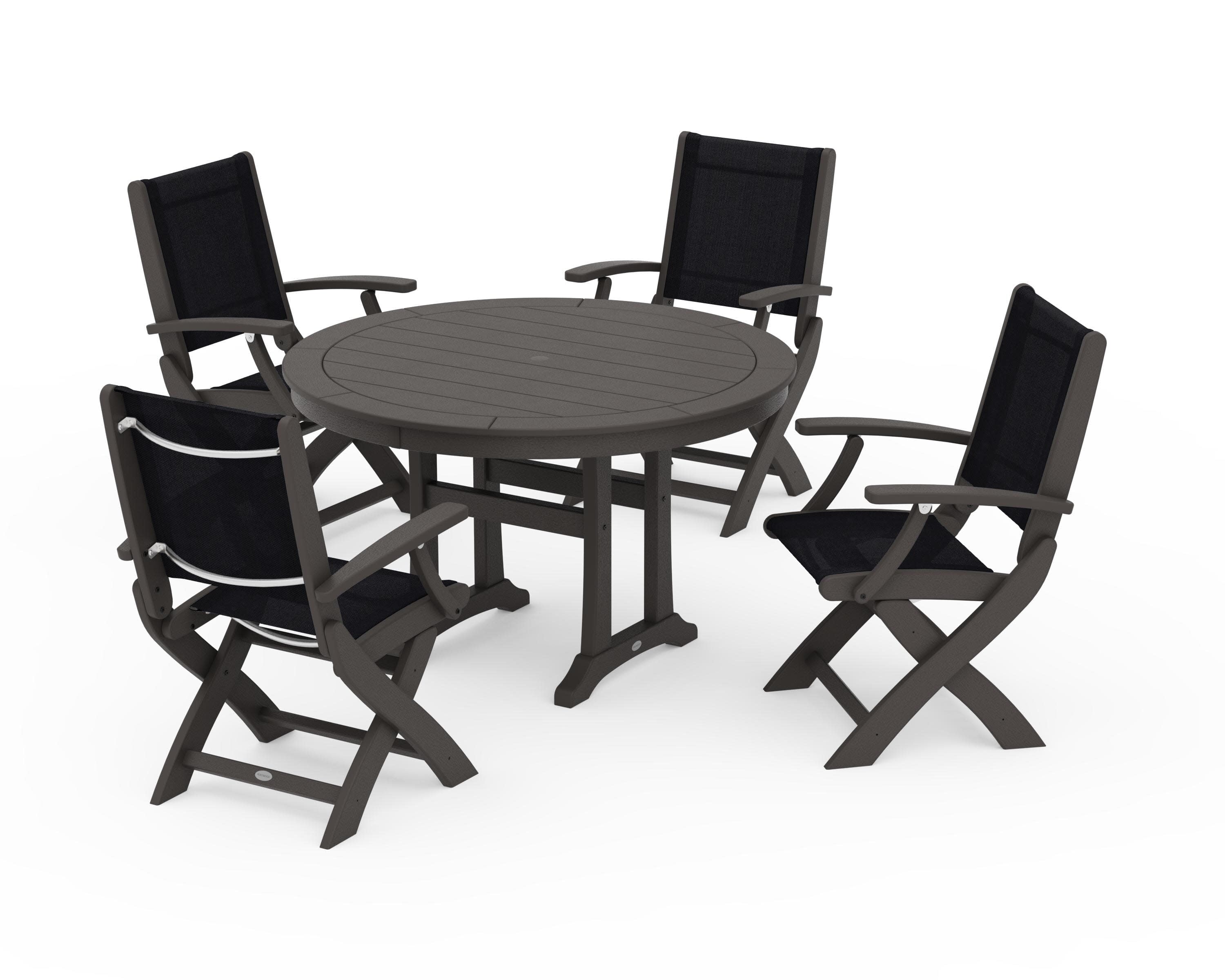 Coastal Folding Chair 5-Piece Round Dining Set with Trestle Legs in Vintage Coffee / Black Sling