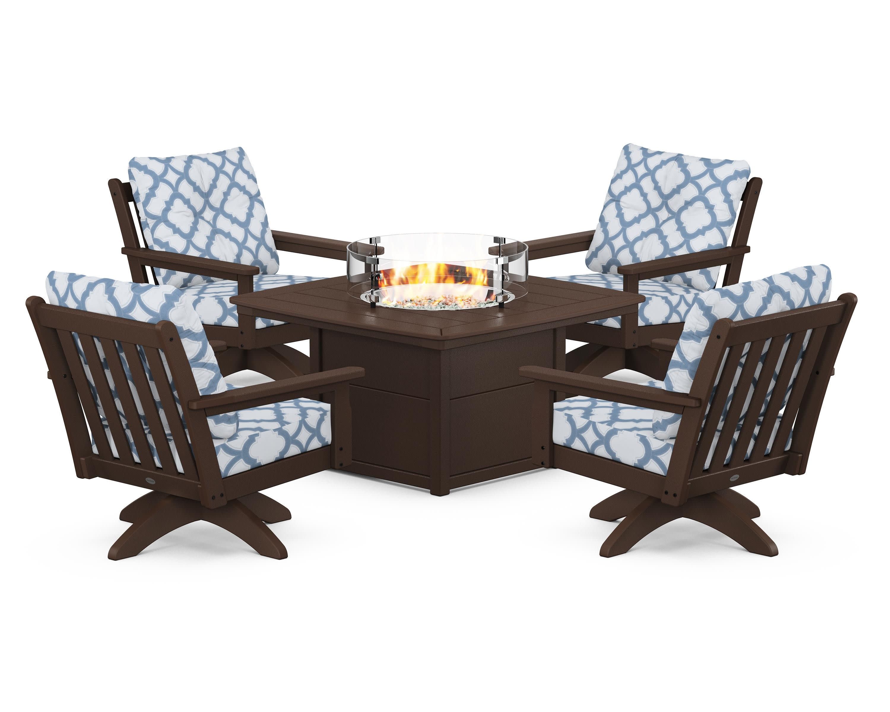 Vineyard 5-Piece Deep Seating Swivel Conversation Set with Fire Pit Table in Mahogany / Trellis Sky Blue