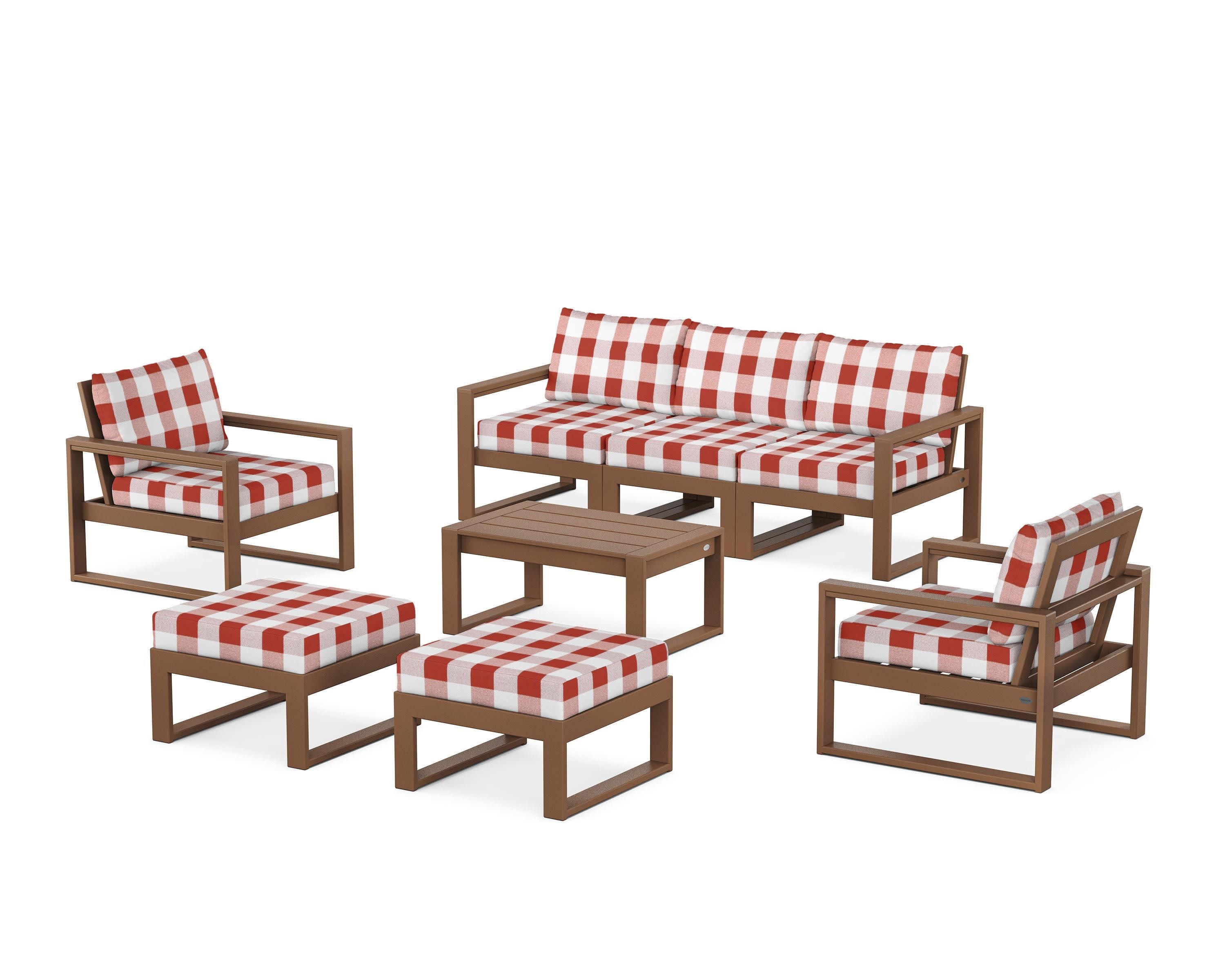 EDGE Sectional 8-Piece Lounge Sofa Set in Teak / Buffalo Plaid Crimson