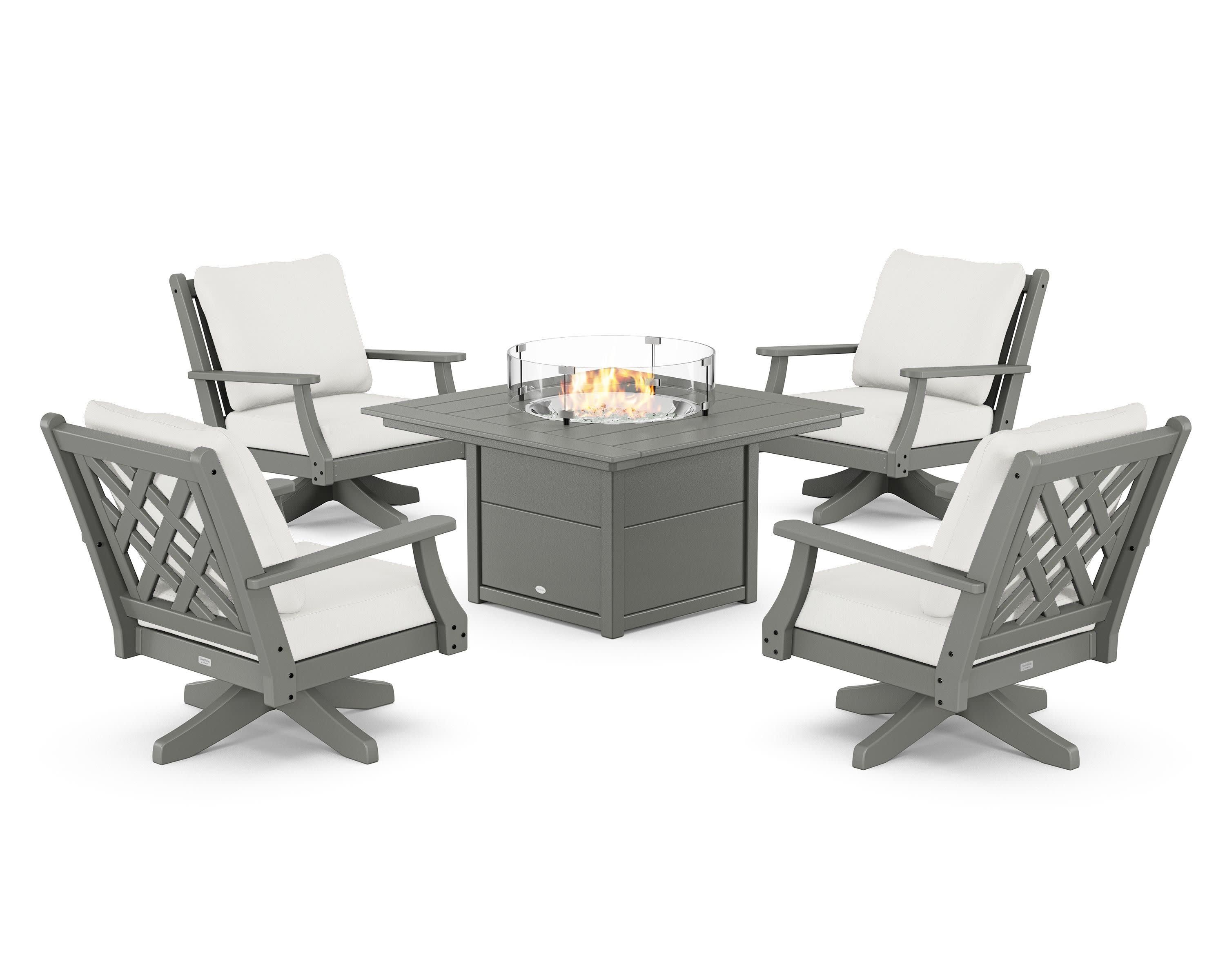 Wovendale 5-Piece Deep Seating Swivel Conversation Set with Fire Pit Table in Slate Grey / Natural Linen
