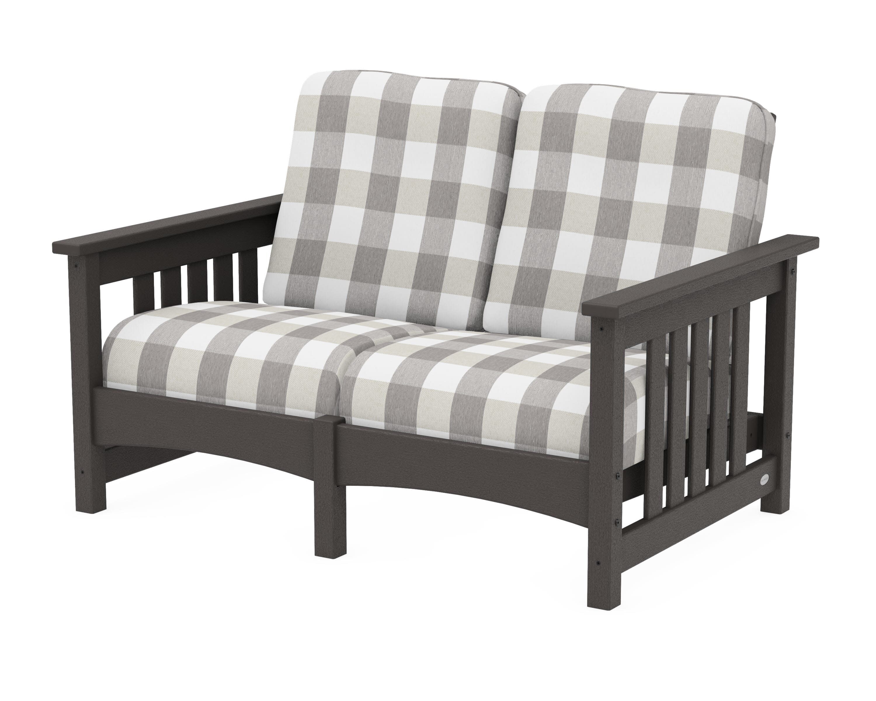 Club Mission Loveseat in Vintage Coffee / Buffalo Plaid Grey Mist