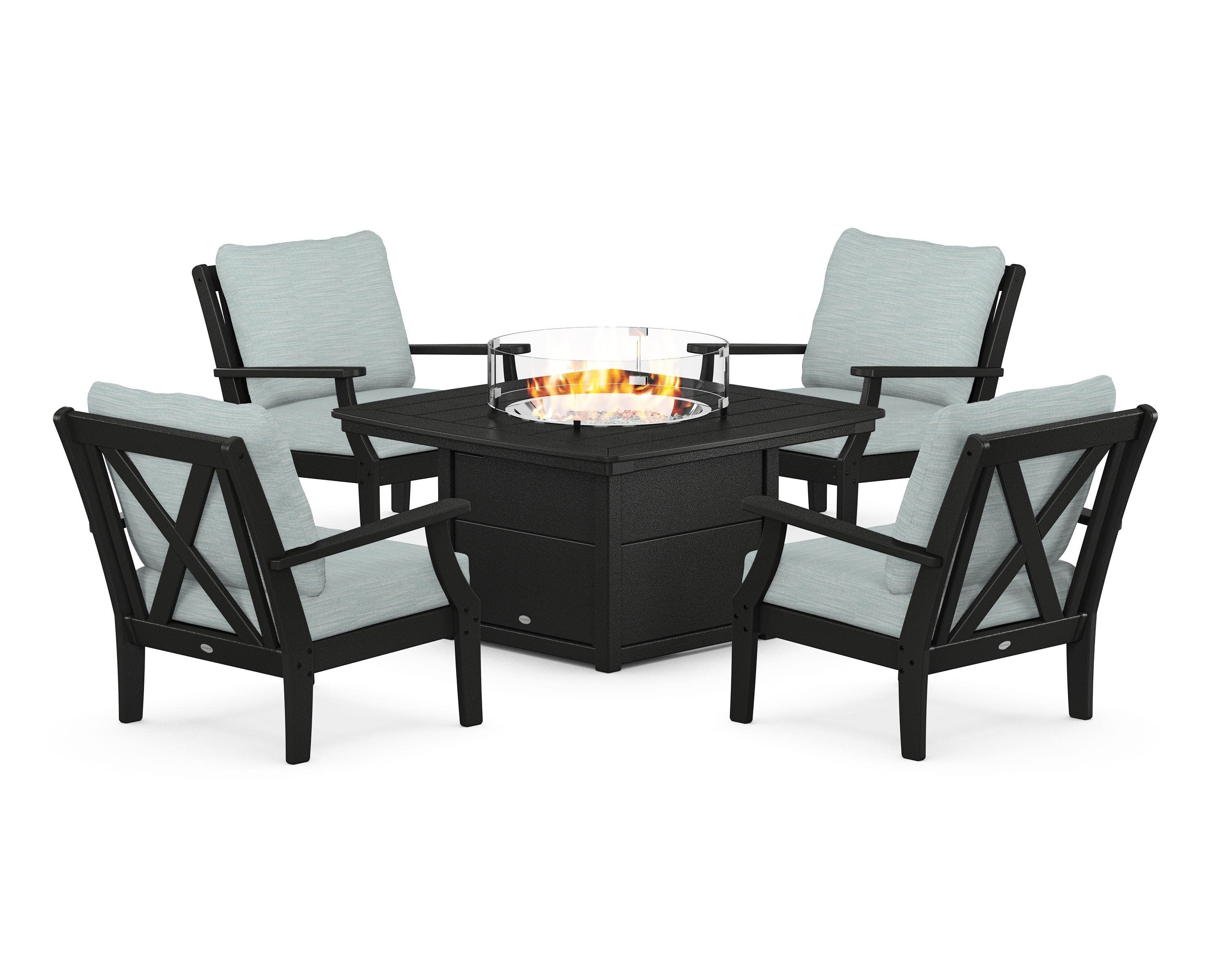 Braxton 5-Piece Deep Seating Conversation Set with Fire Pit Table in Black / Soothe Mist