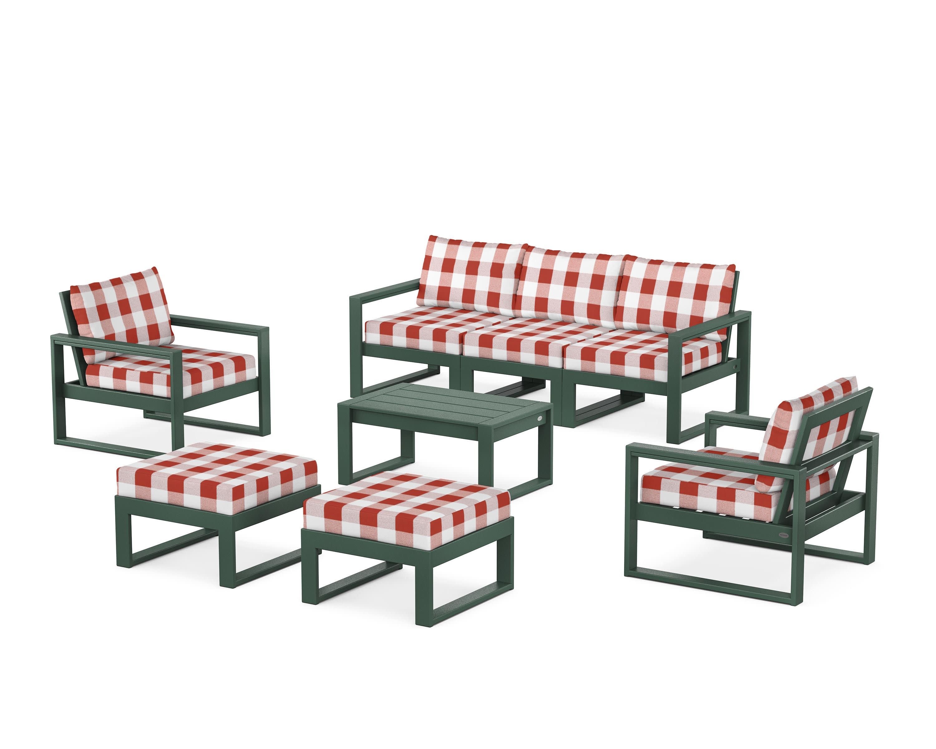 EDGE Sectional 8-Piece Lounge Sofa Set in Green / Buffalo Plaid Crimson