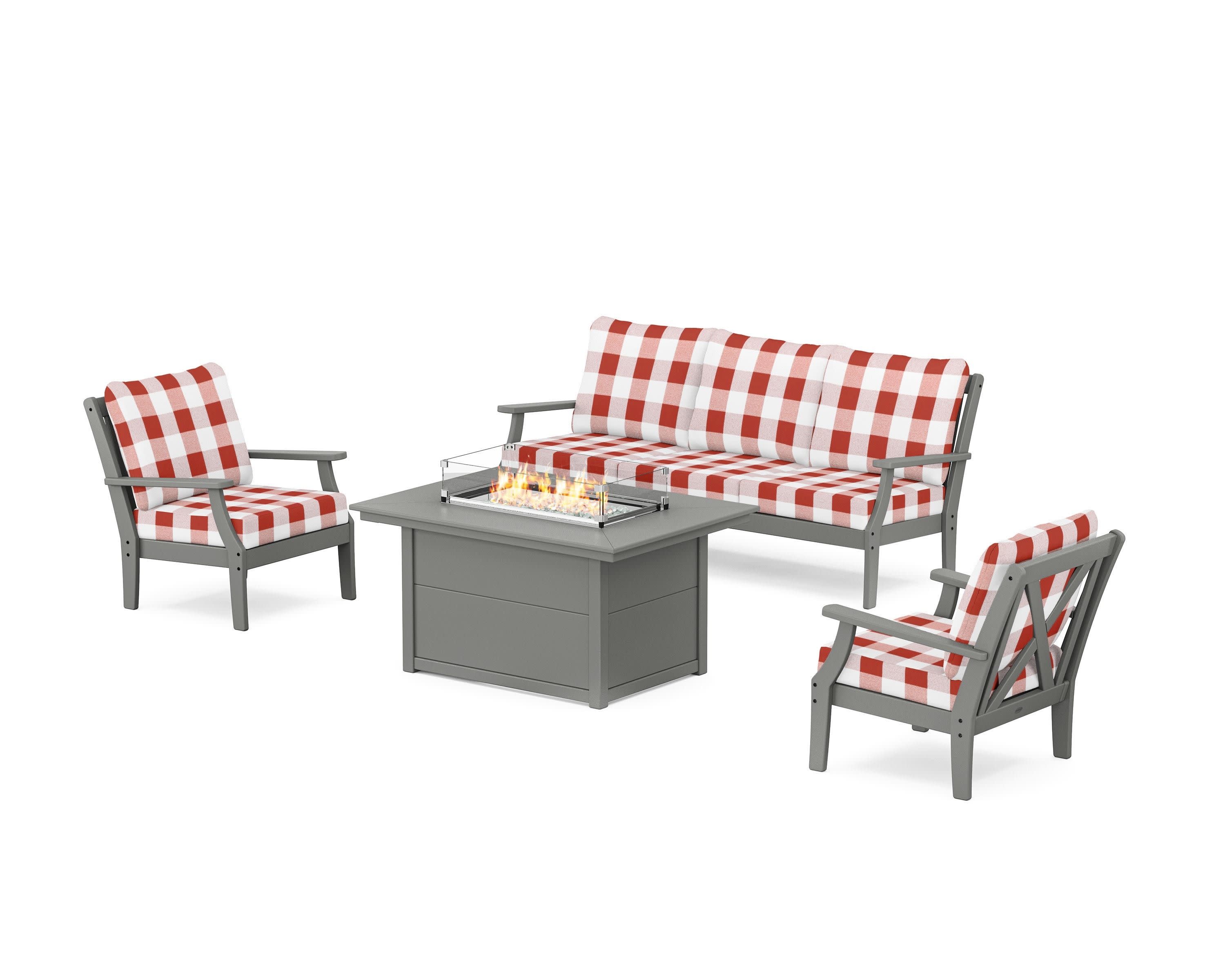 Braxton Deep Seating Fire Pit Table Set in Slate Grey / Buffalo Plaid Crimson