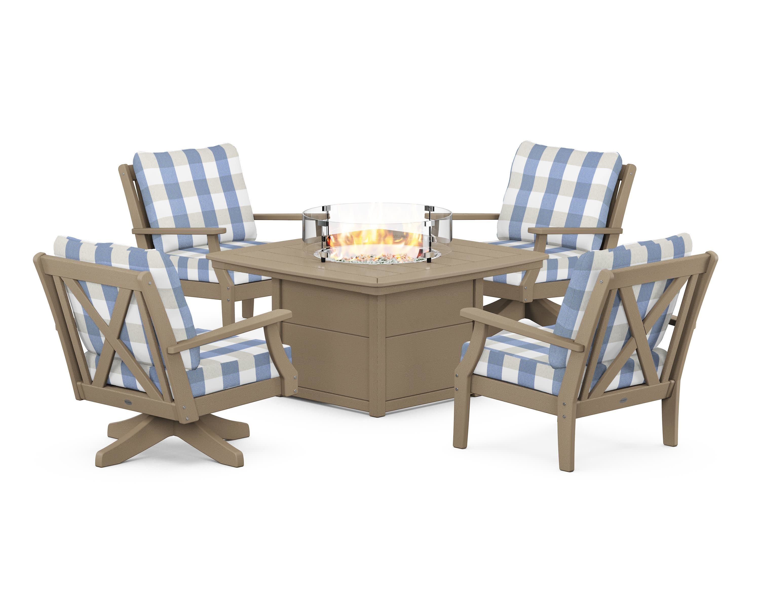 Braxton 5-Piece Deep Seating Set with Fire Table in Vintage Sahara / Buffalo Plaid Sky Blue
