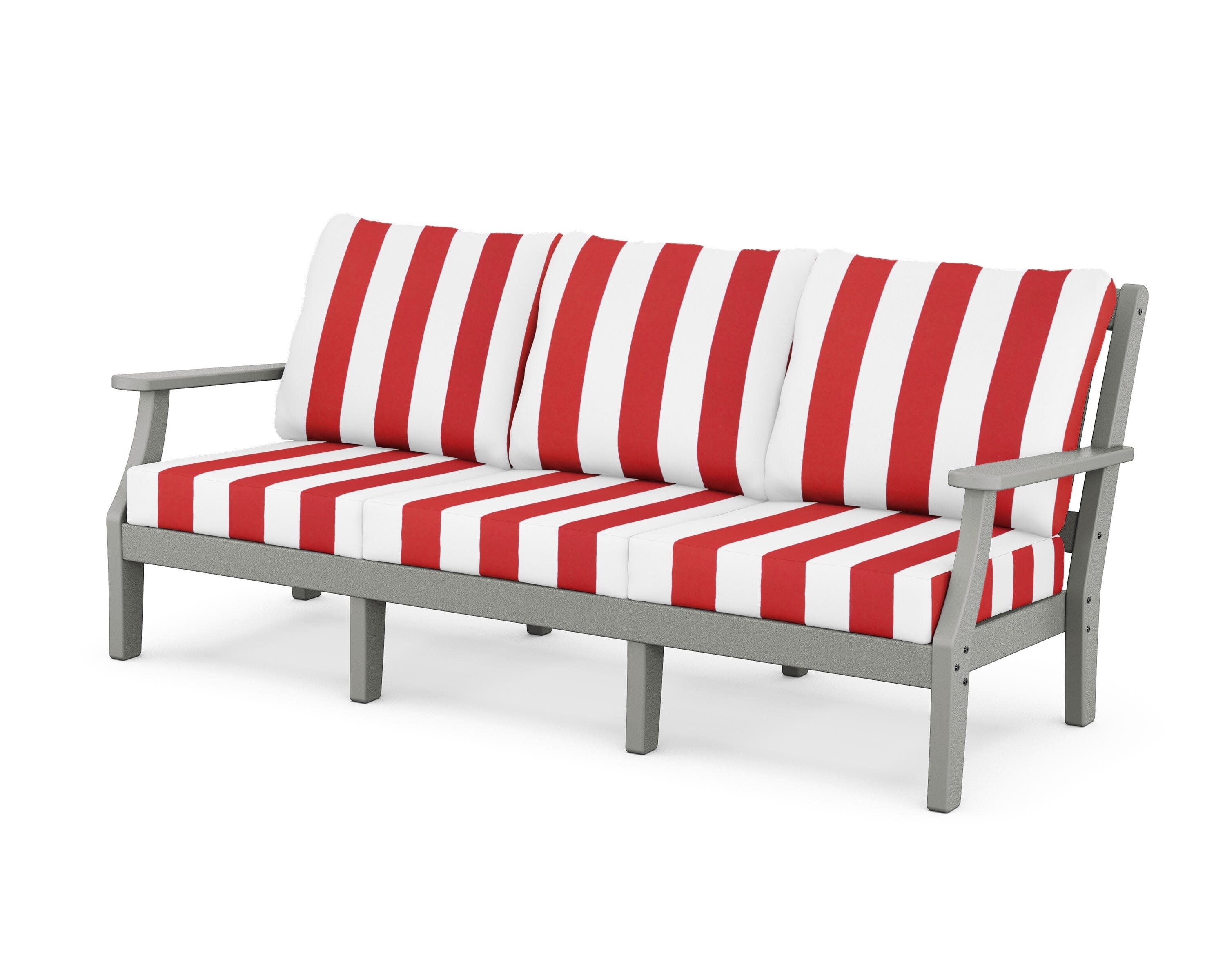 Chinoiserie Deep Seating Sofa in Slate Grey / Cabana Stripe Crimson