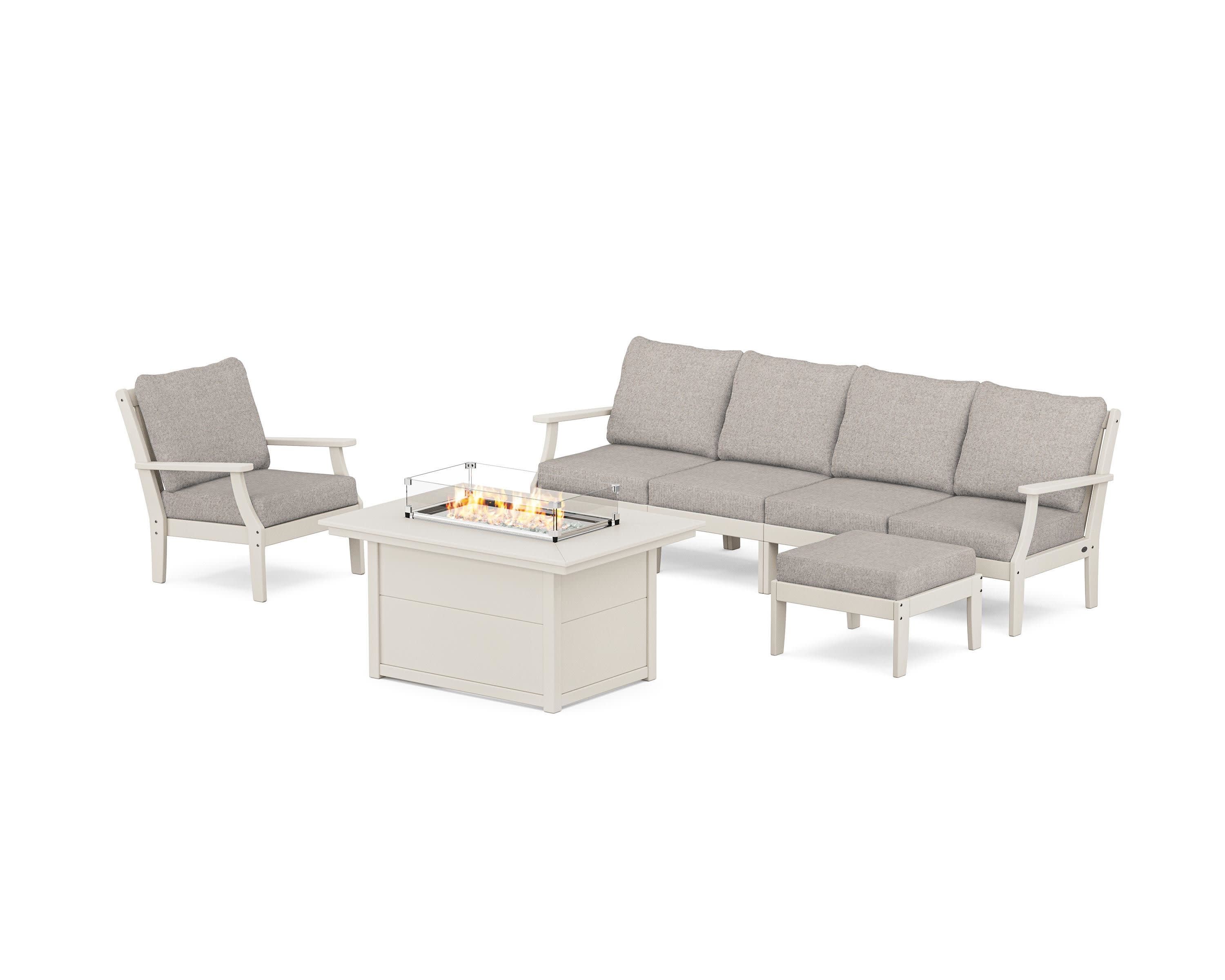 Braxton Sectional Lounge and Fire Pit Set in Sand / Weathered Tweed