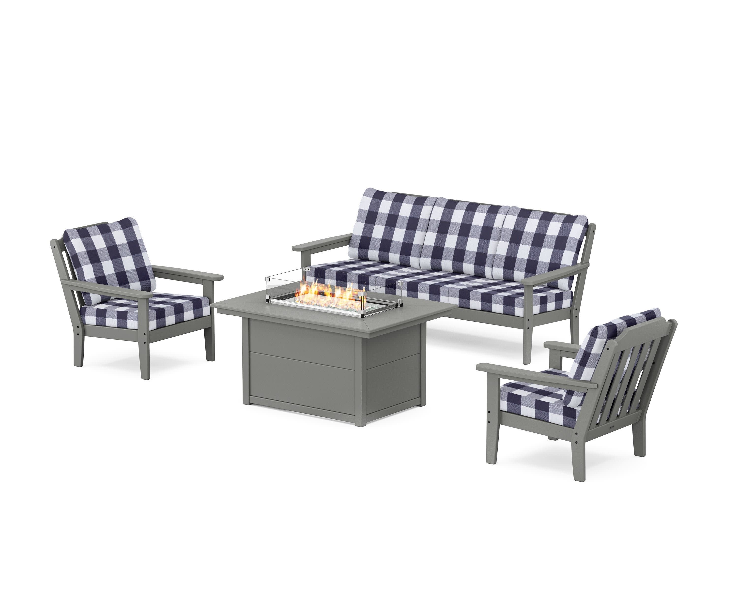 Cottage Deep Seating Fire Pit Table Set in Slate Grey / Buffalo Plaid Navy