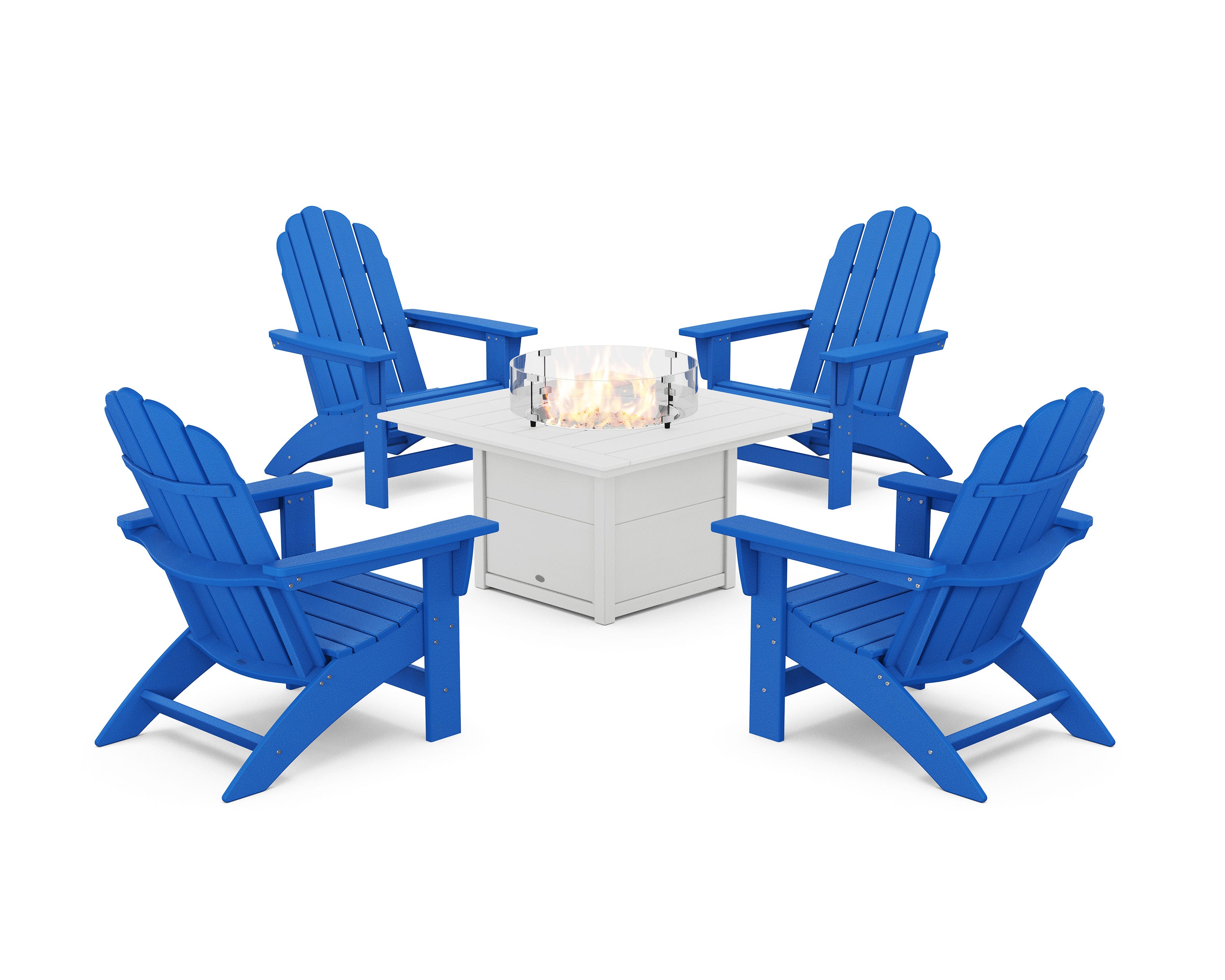 5-Piece Vineyard Grand Adirondack Conversation Set with Fire Pit Table in Pacific Blue / White
