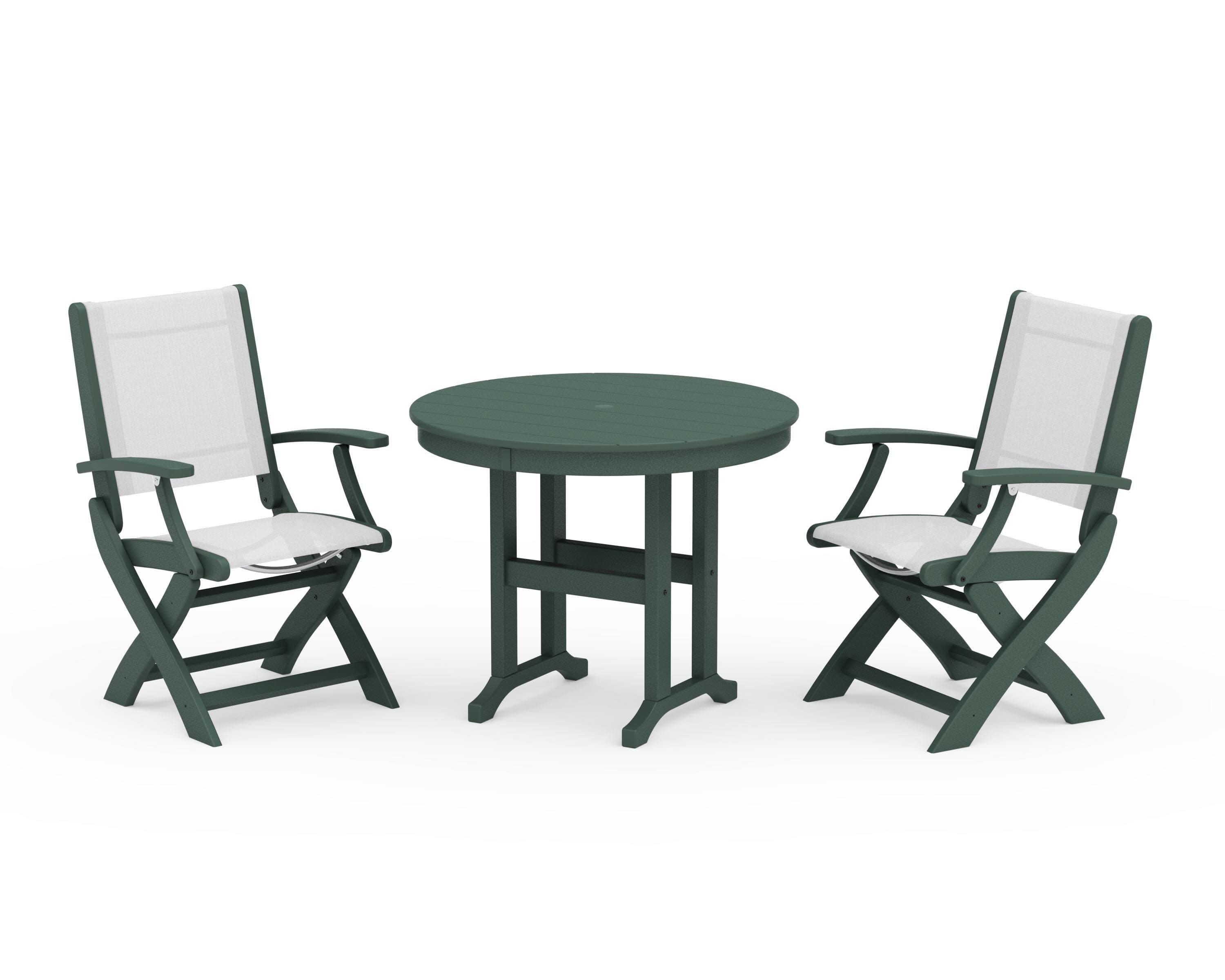 Coastal Folding Chair 3-Piece Round Dining Set in Green / White Sling