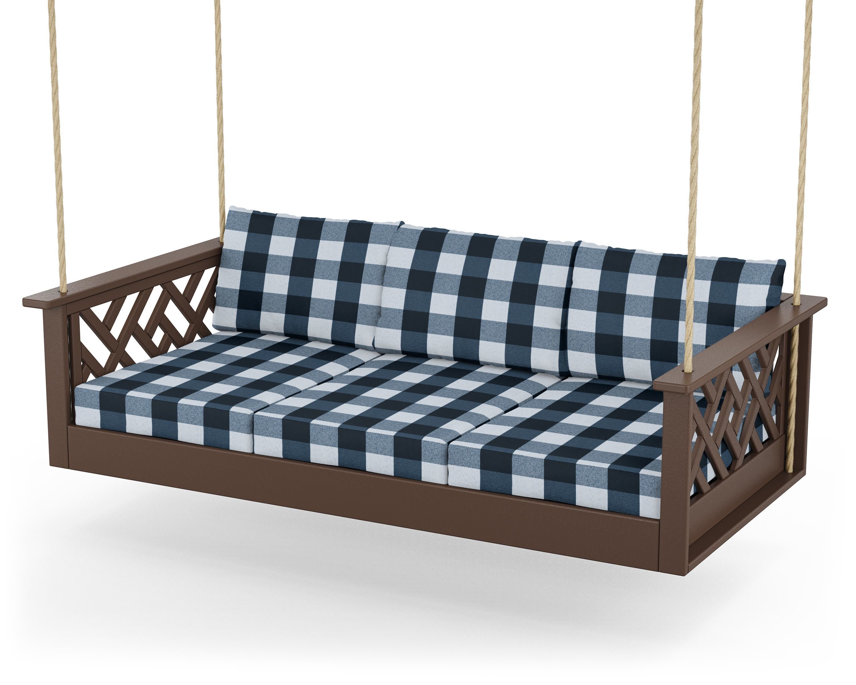 Chippendale Daybed Swing in Mahogany / Buffalo Plaid Marine Indigo