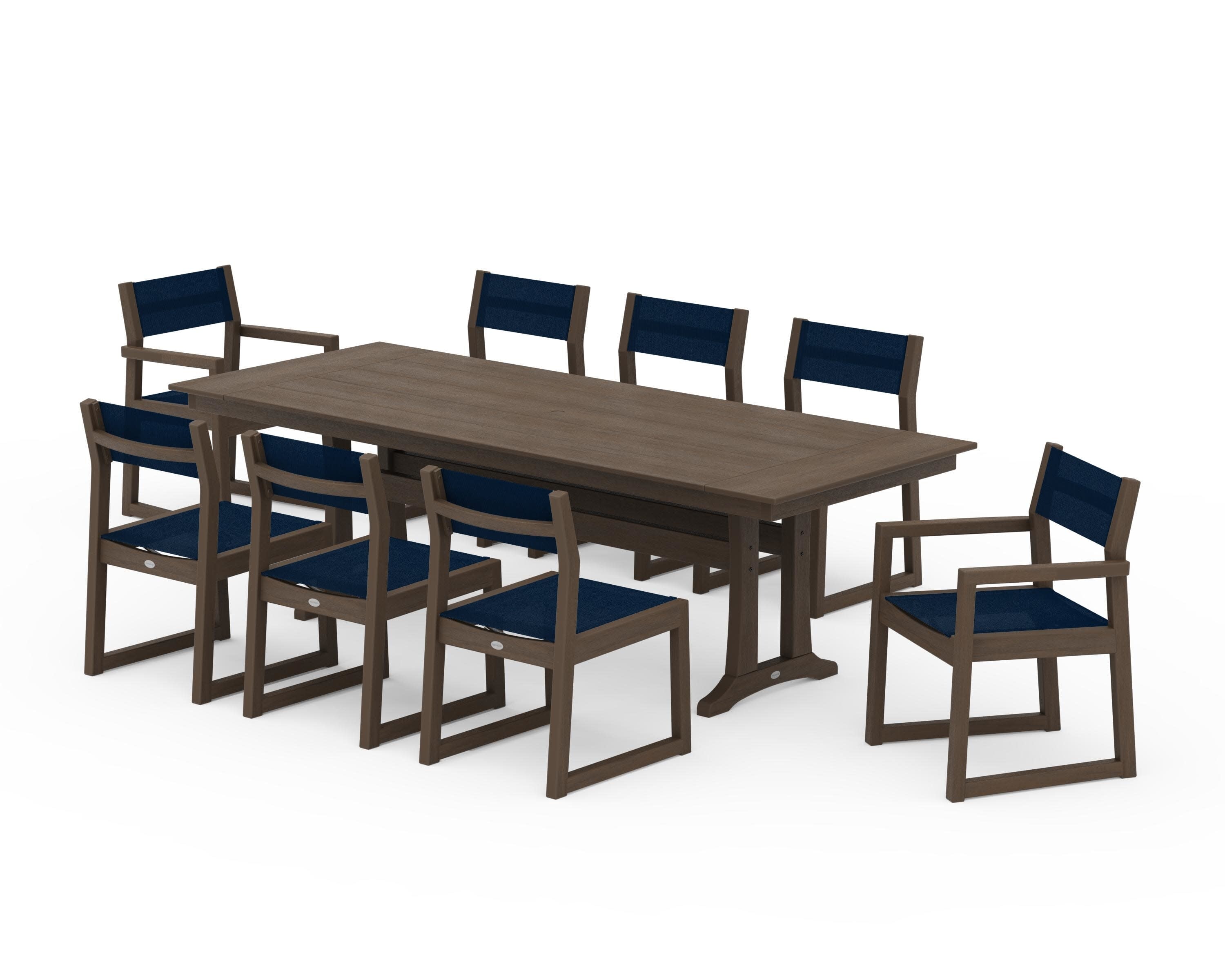 EDGE Sling 9-Piece Farmhouse Trestle Dining Set in Kona / Navy Blue Sling