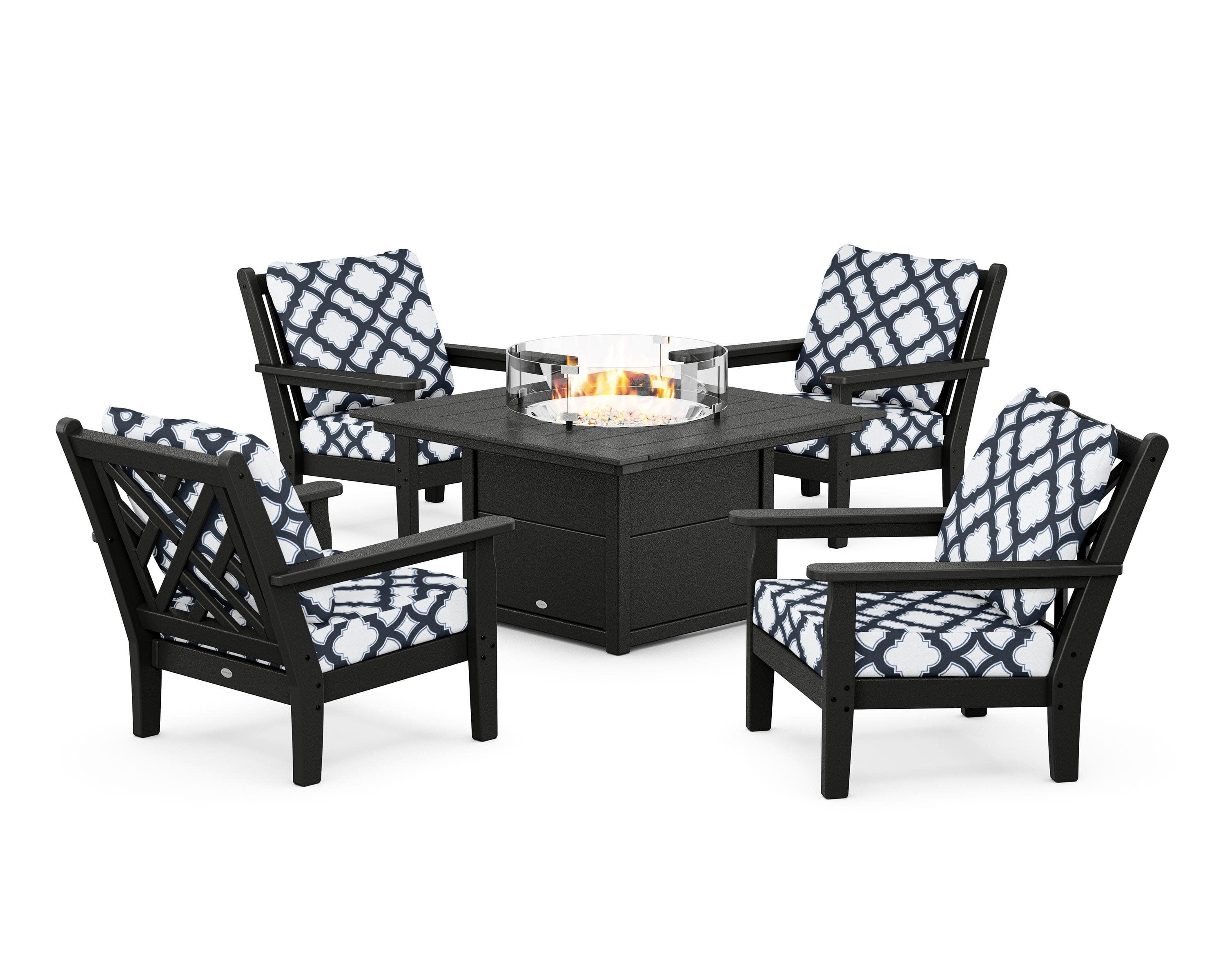 Chippendale 5-Piece Deep Seating Set with Fire Pit Table in Black / Trellis Marine Indigo