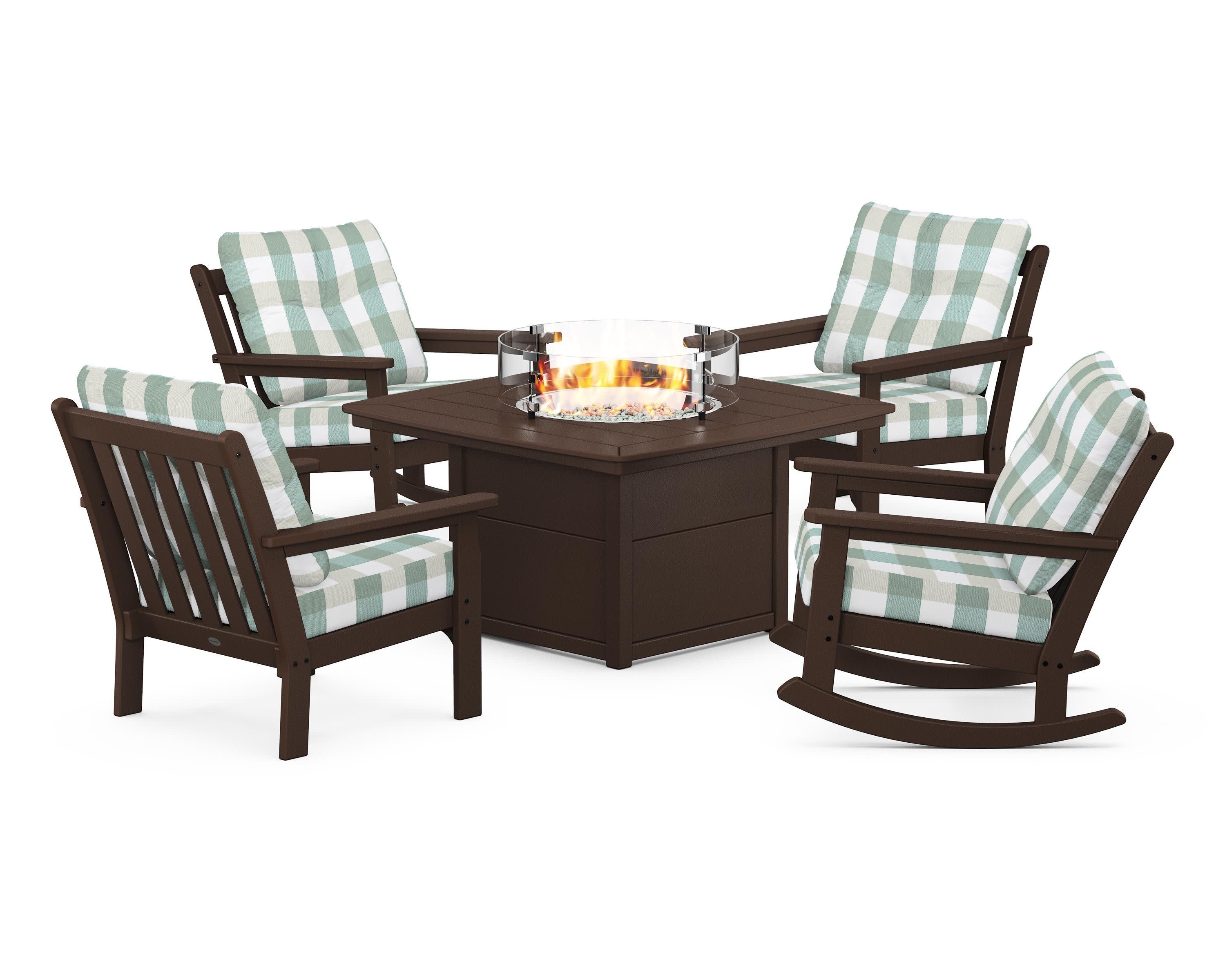 Vineyard 5-Piece Deep Seating Rocking Chair Conversation Set with Fire Pit Table in Mahogany / Buffalo Plaid Glacier Spa