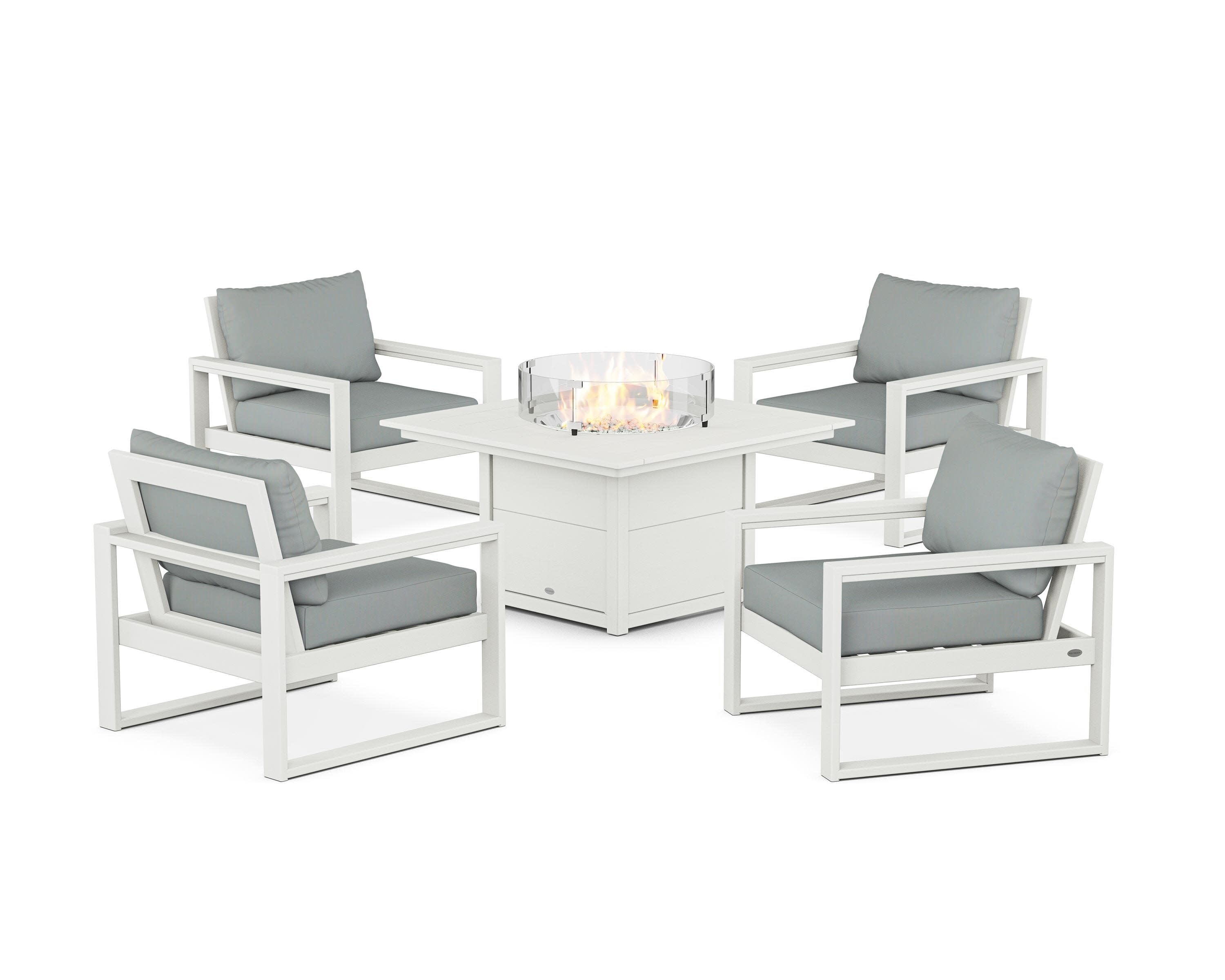 EDGE Sectional 5-Piece Deep Seating Set with Fire Pit Table in Vintage White / Spa
