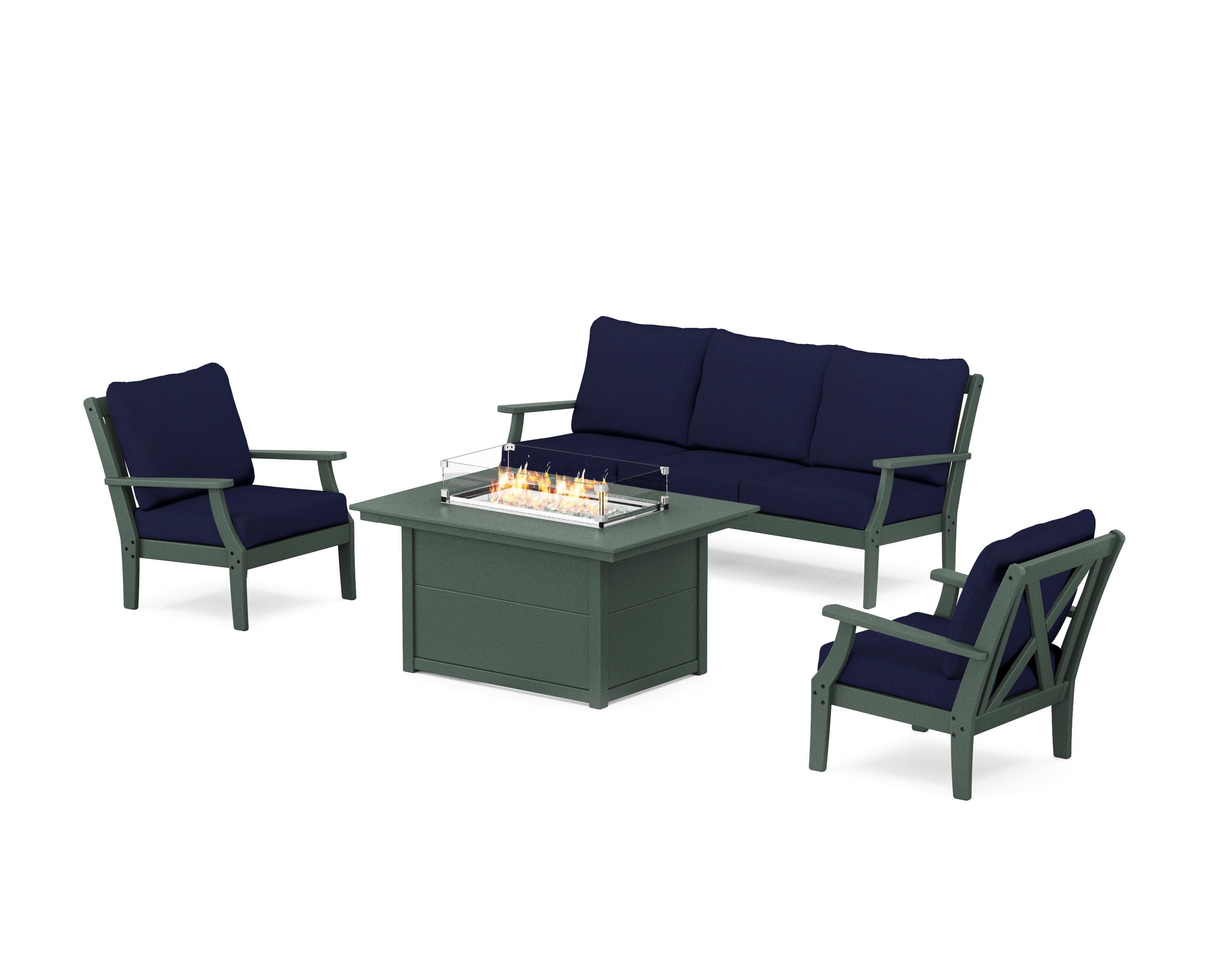 Braxton Deep Seating Fire Pit Table Set in Green / Navy