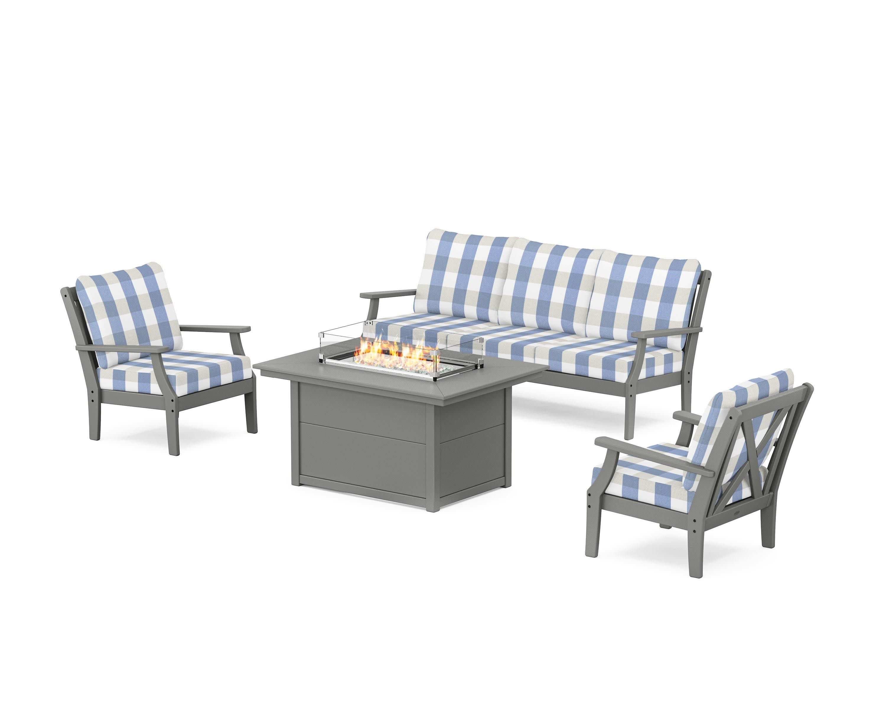 Braxton Deep Seating Fire Pit Table Set in Slate Grey / Buffalo Plaid Sky Blue