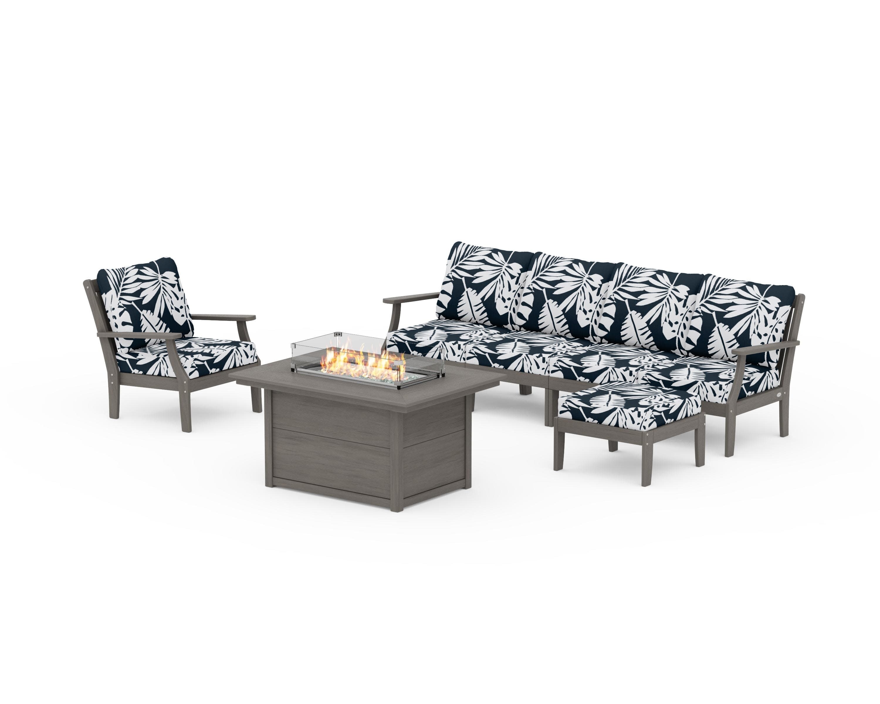 Braxton Sectional Lounge and Fire Pit Set in Driftwood / Leaf Marine Indigo